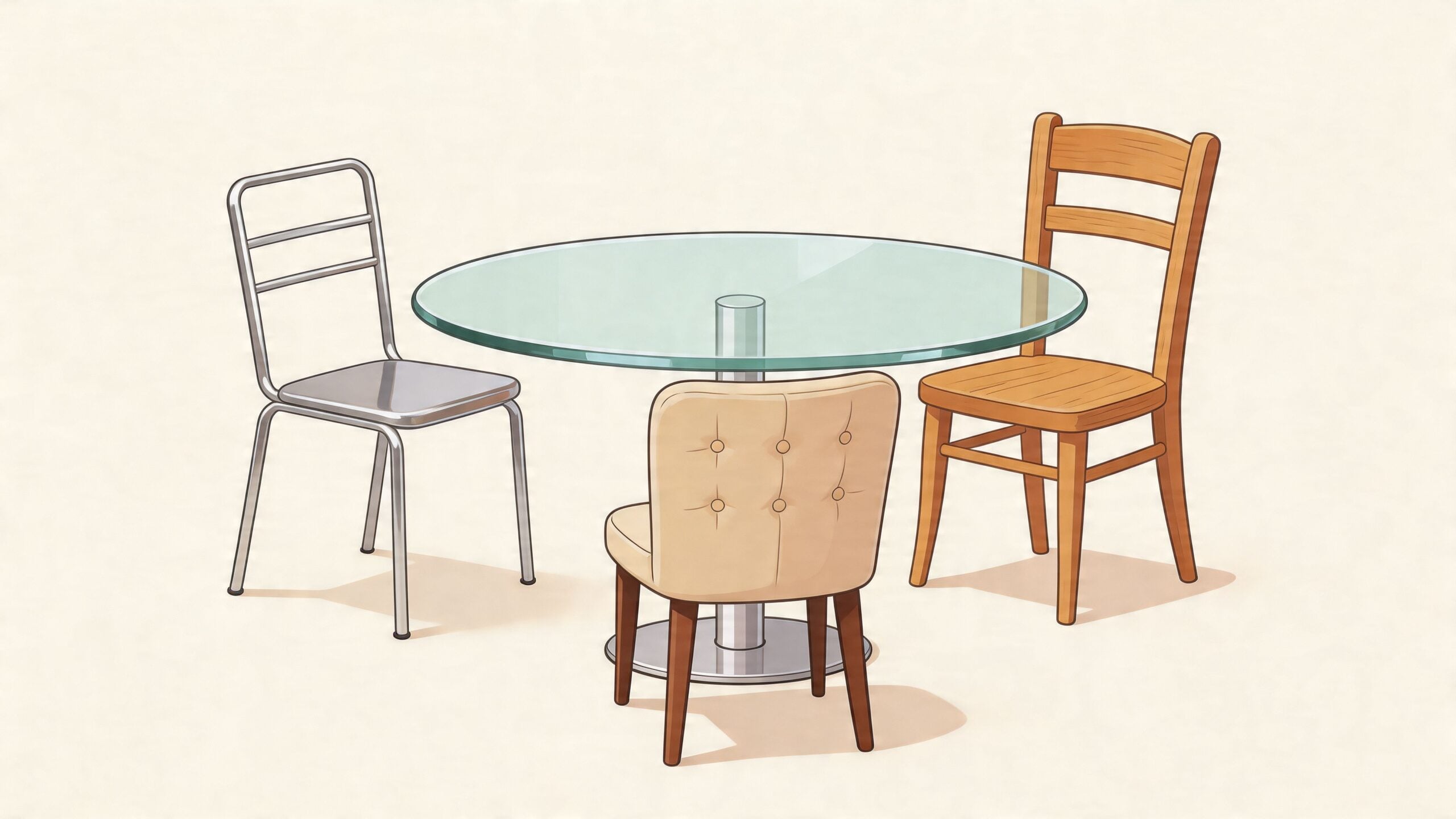 A modern round glass dining room table set featuring three uniquely designed chairs with different styles.