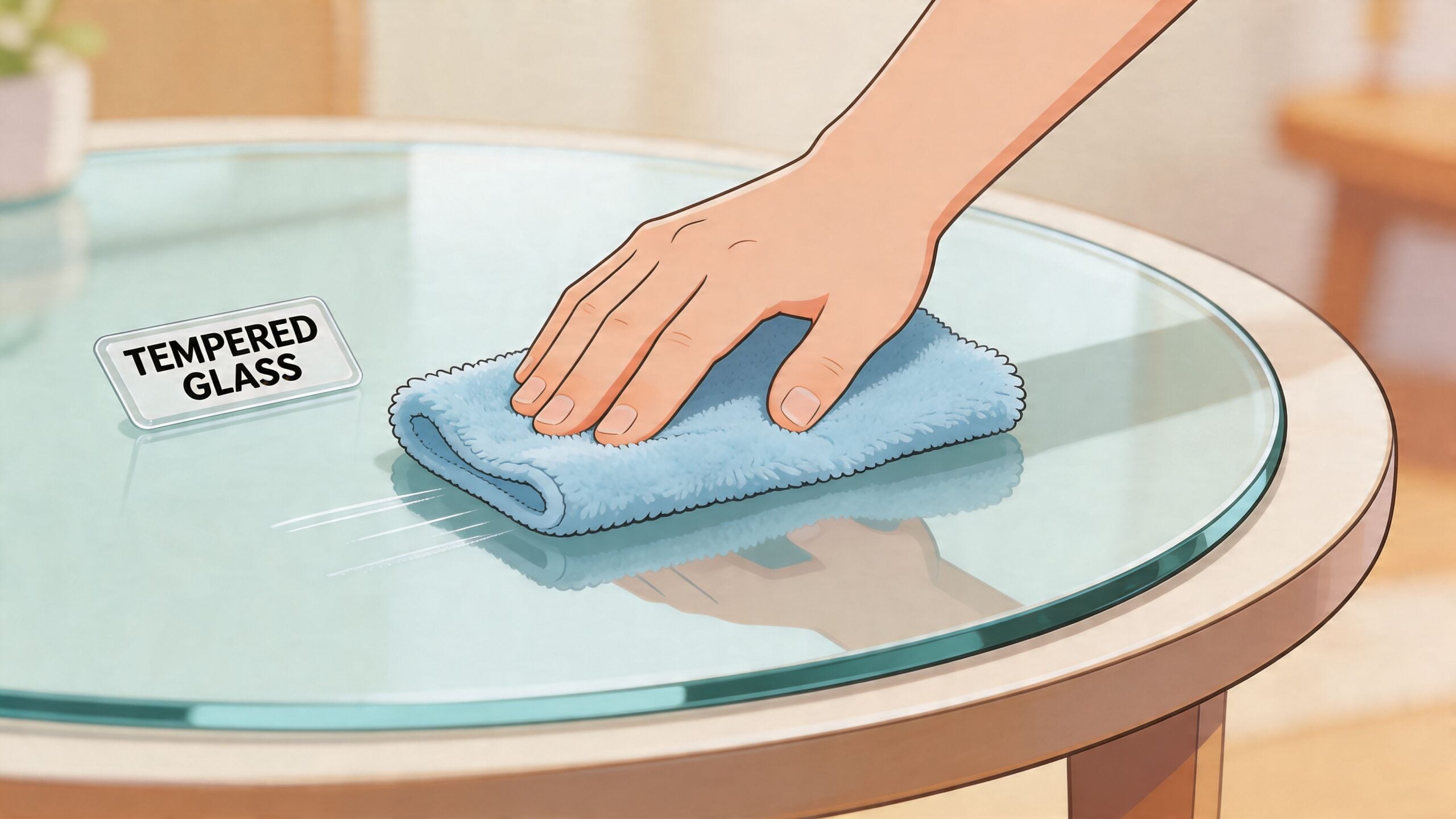 A hand wiping a circular tempered glass tabletop surface with a clean blue microfiber cleaning cloth