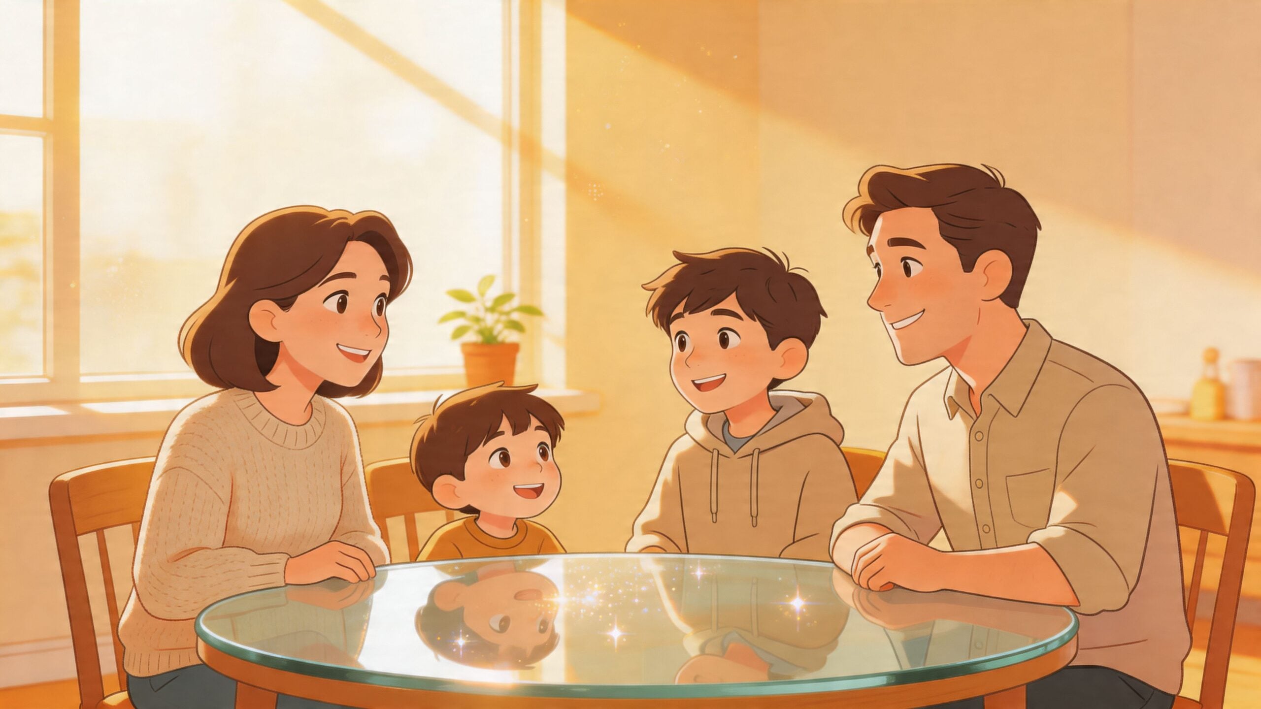 A happy family of four sitting around a round glass dining room table in a sunlit room.