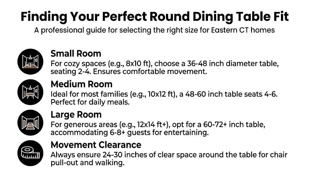 A professional guide illustrating how to select the right size round dining table for various room dimensions.