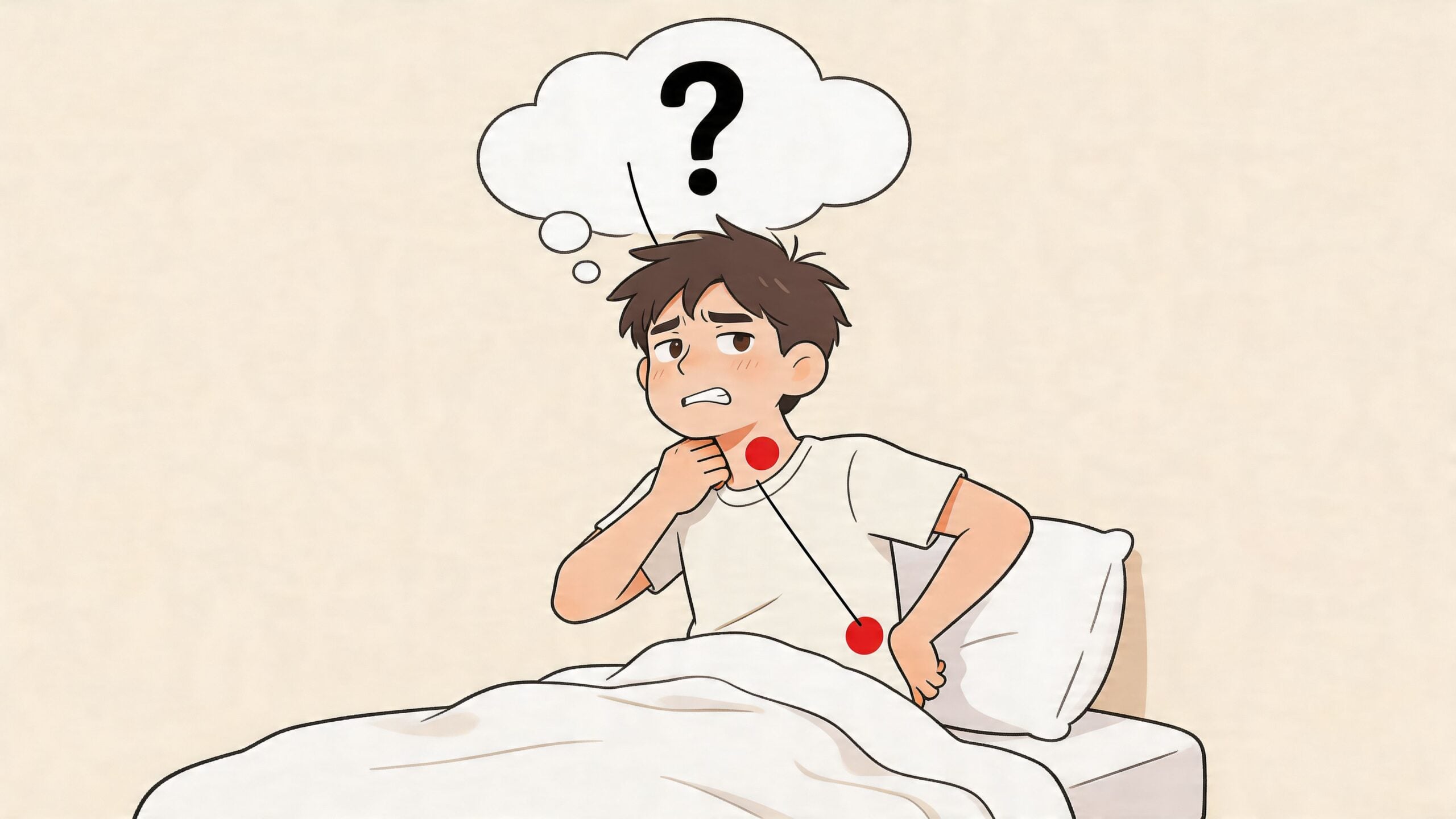 An illustration of a young man sitting in bed, looking confused, experiencing neck and back pain.