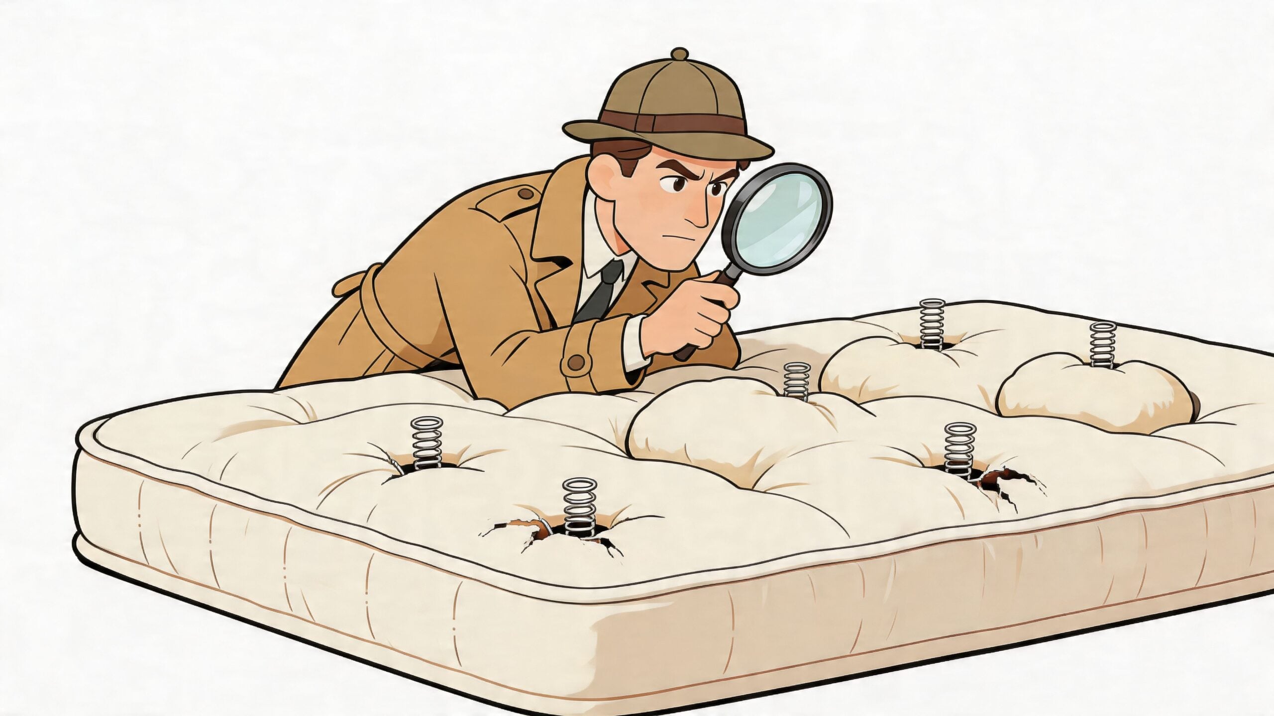 A detective examines a damaged, old mattress with visible springs poking through the worn fabric surface.