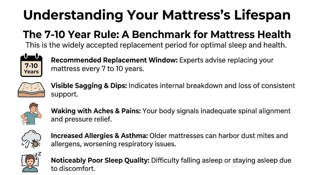 An infographic titled Understanding Your Mattress's Lifespan, outlining five key signs indicating it is time to replace your mattress.