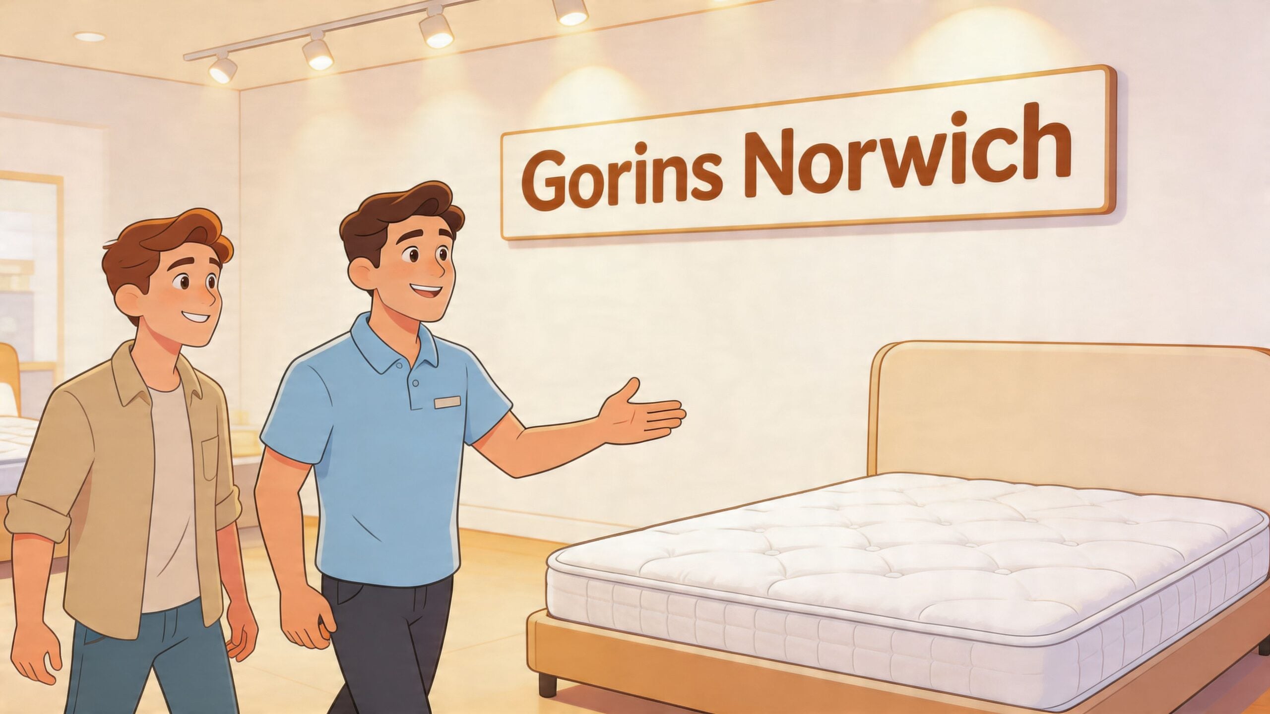 A friendly salesperson showing a new mattress to a customer in a bright furniture showroom store.