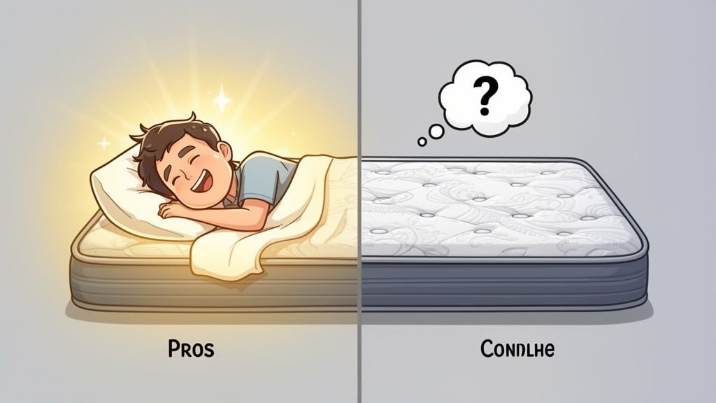 A split image showing a happy child sleeping on a mattress labeled pros and a question mark.