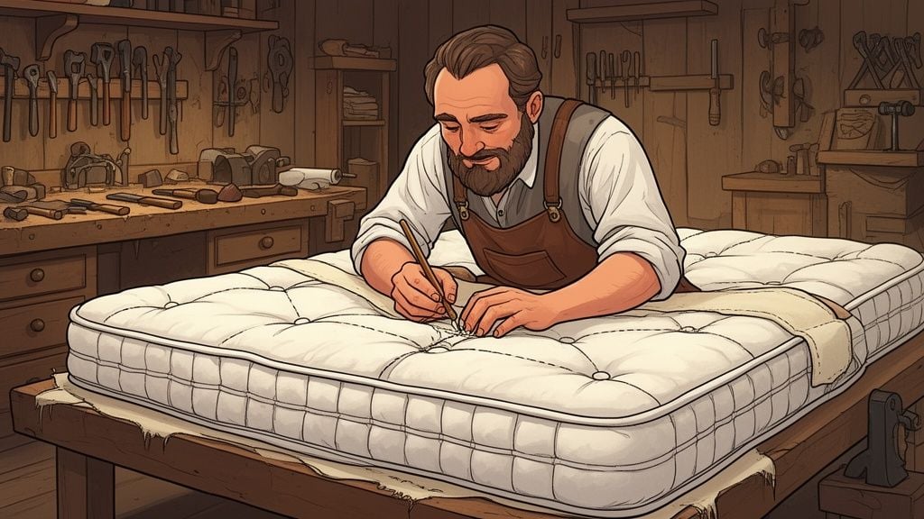 A bearded craftsman meticulously works on the tufting of a high-quality white mattress in a rustic workshop.