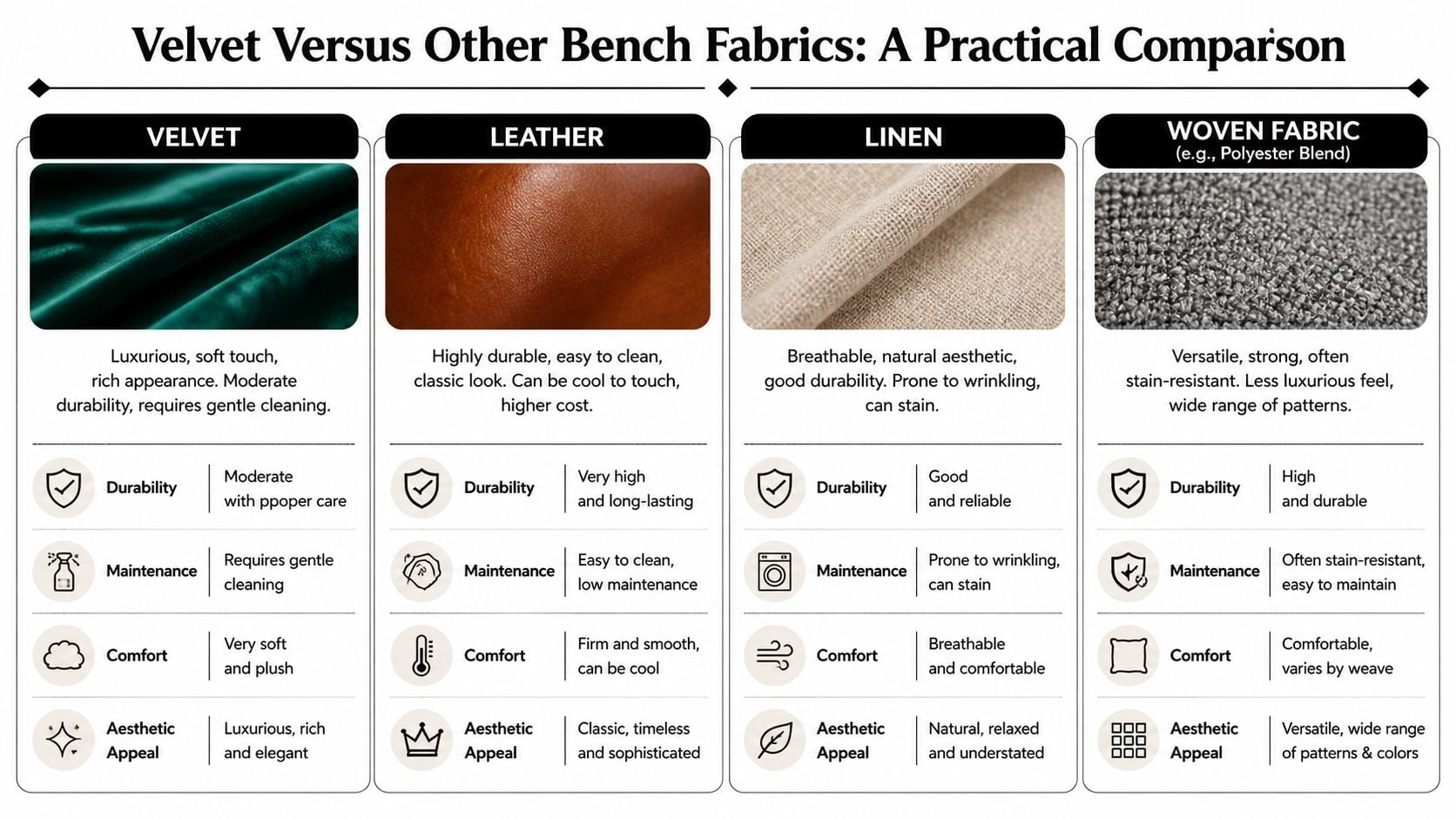 A comparison chart outlining the pros and cons of velvet, leather, linen, and woven fabrics for benches.
