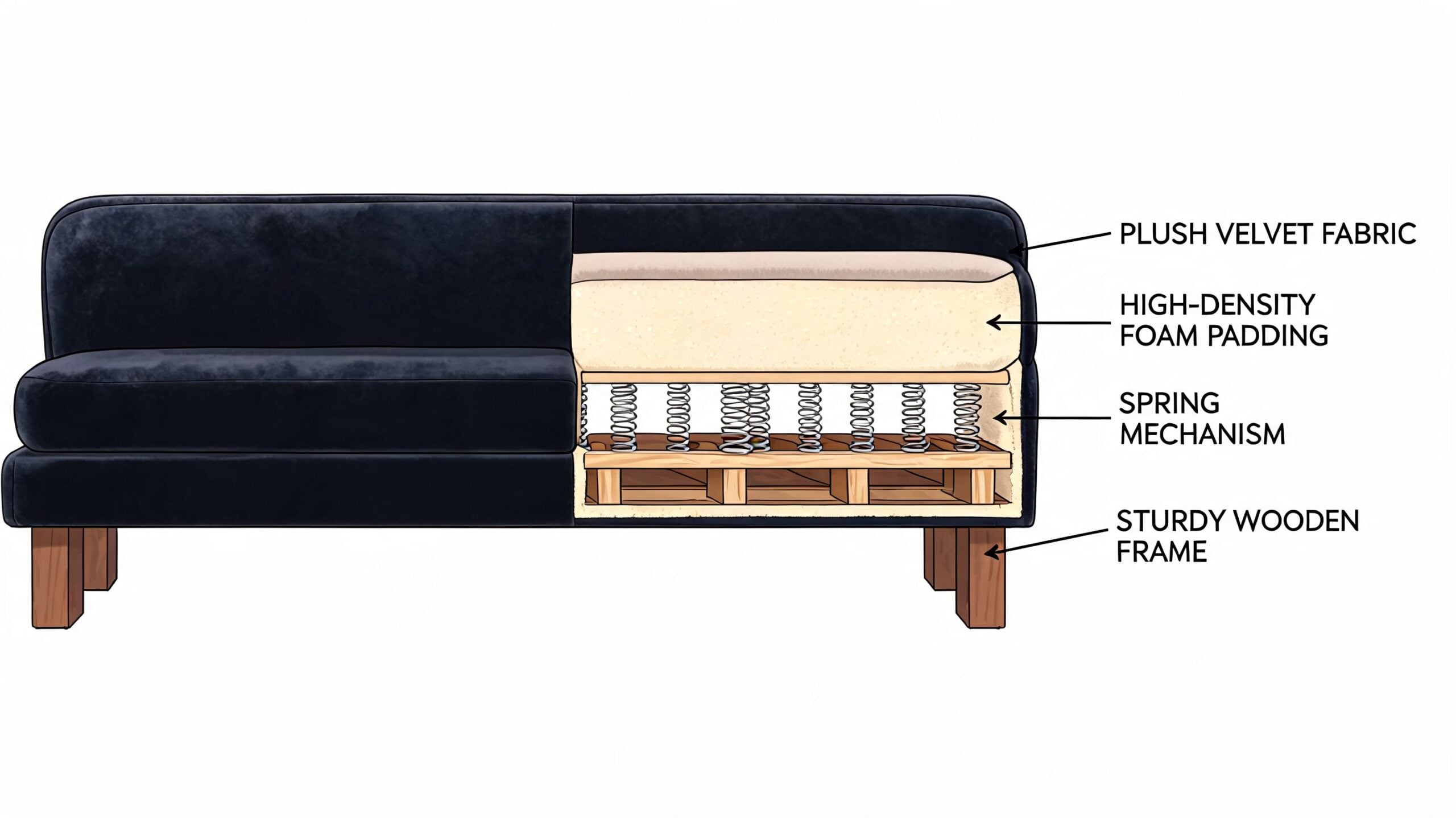 A cutaway view of a modern upholstered velvet bench showing internal foam padding, springs, and wooden frame.