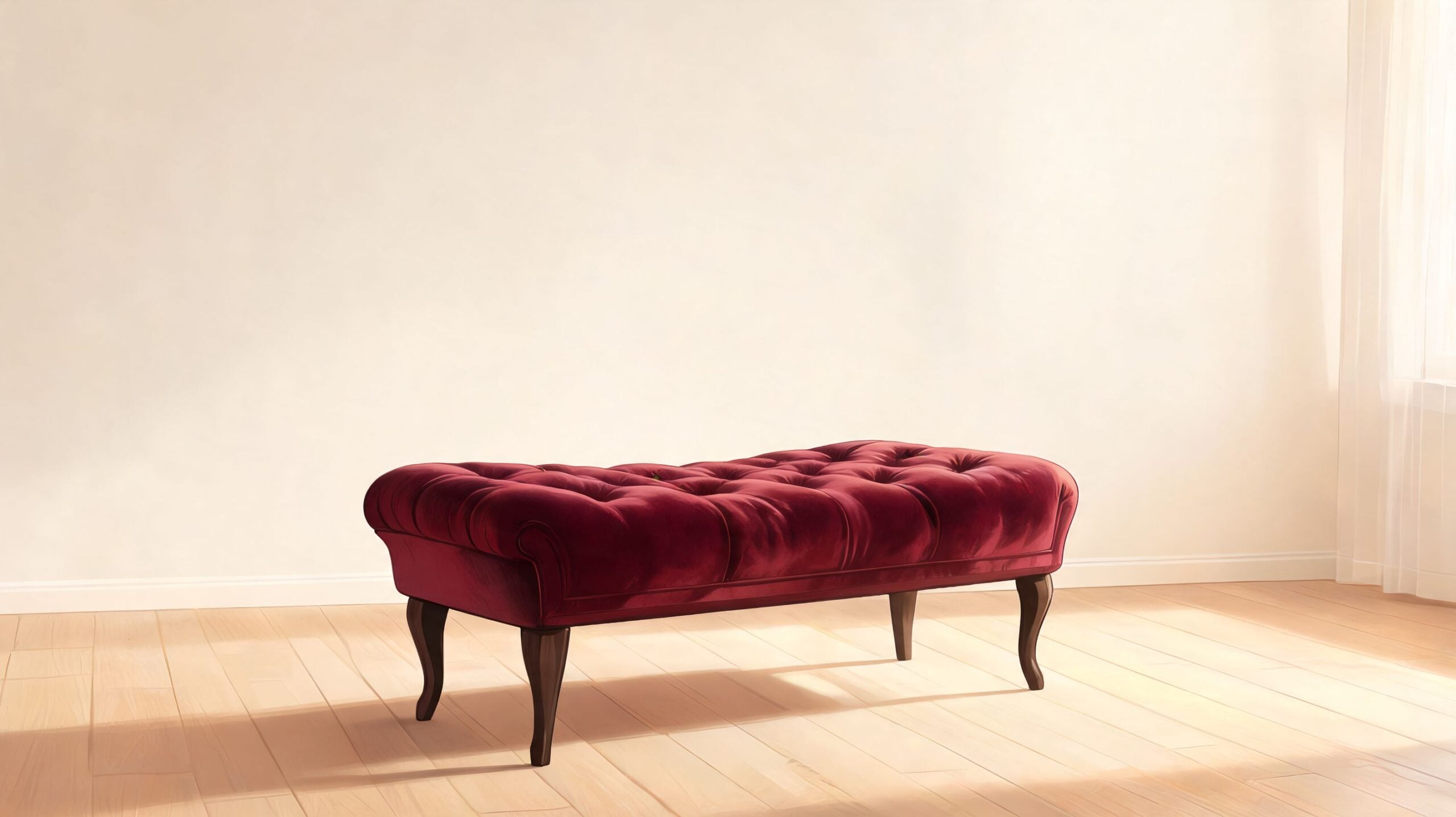 An elegant tufted red velvet bench with dark wooden legs standing on a light wooden floor.