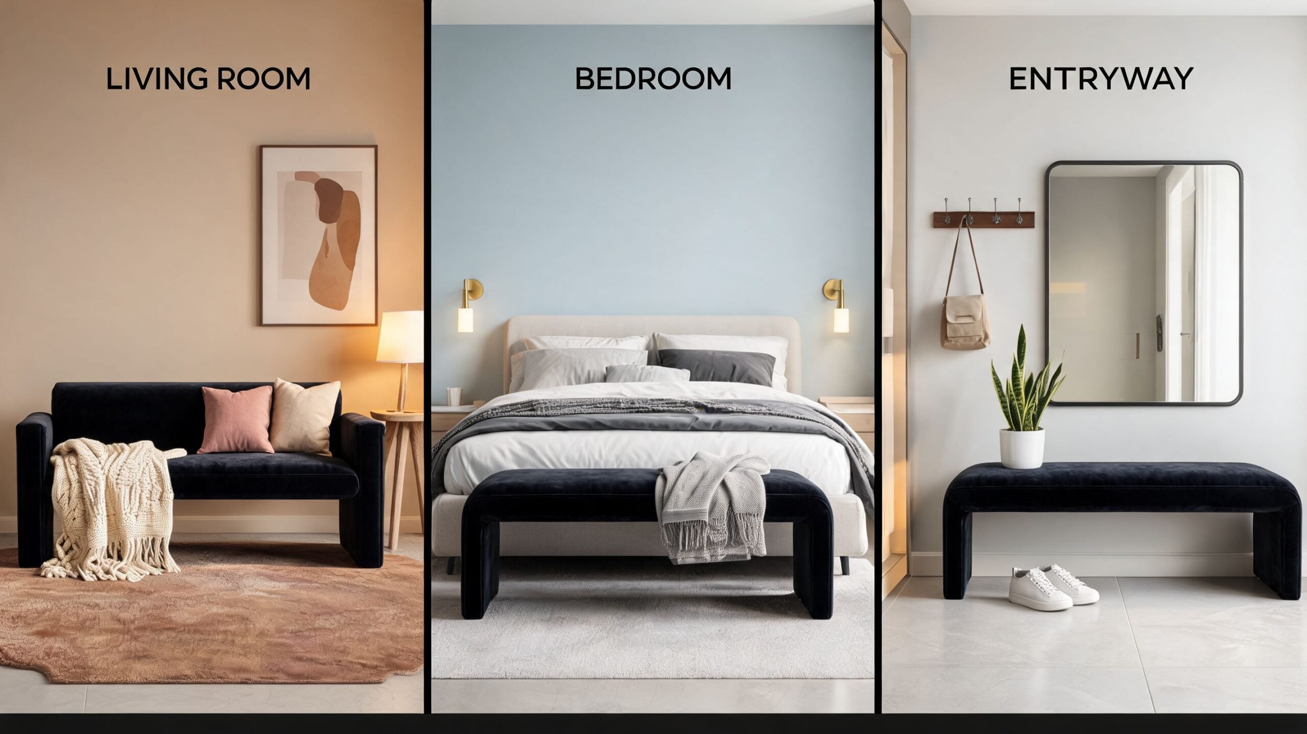 A split image showing an upholstered velvet bench used in a living room, bedroom, and entryway.