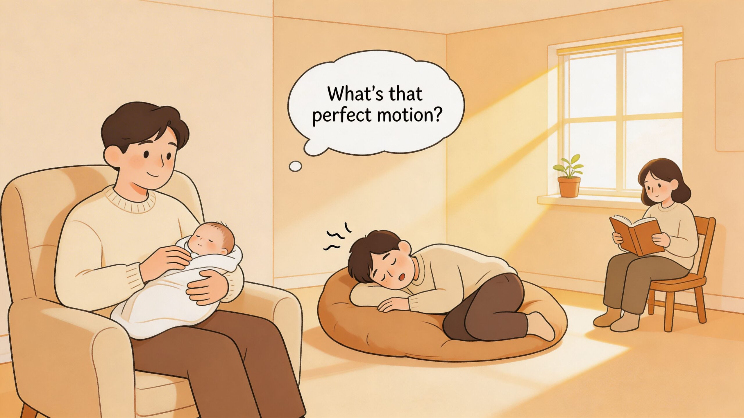 A father sits in a comfortable glider chair holding a swaddled newborn baby in a sunny room.