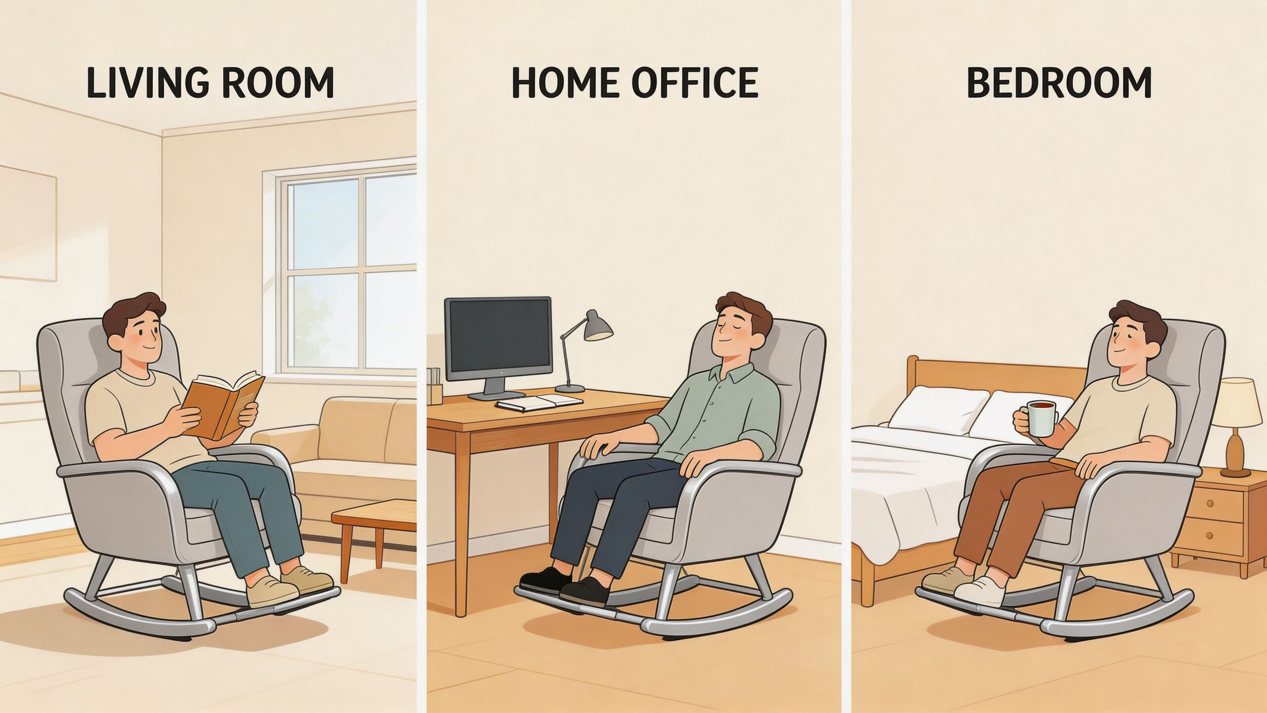 A split illustration showing a man sitting in a comfortable grey glider chair in three different rooms.