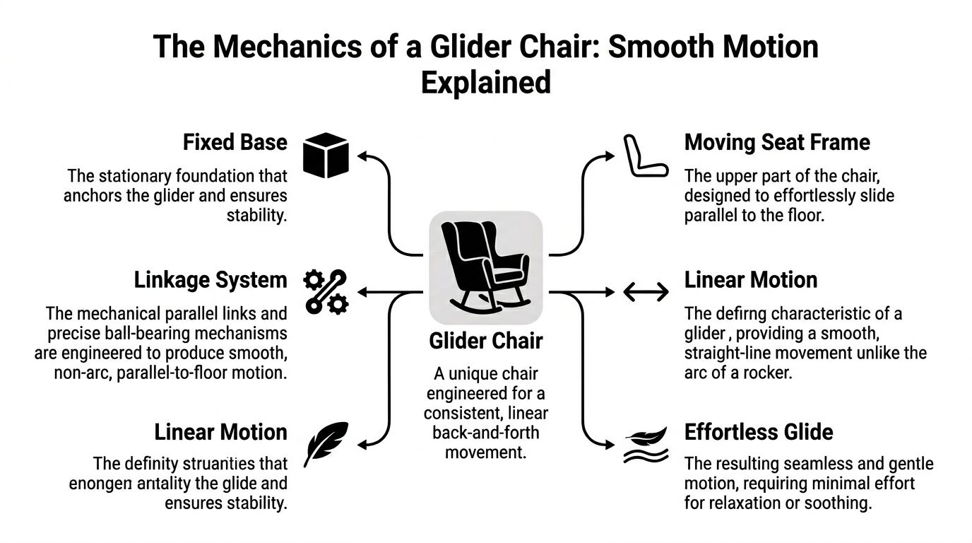 An infographic explaining the mechanics of a glider chair and its smooth, linear back and forth motion.