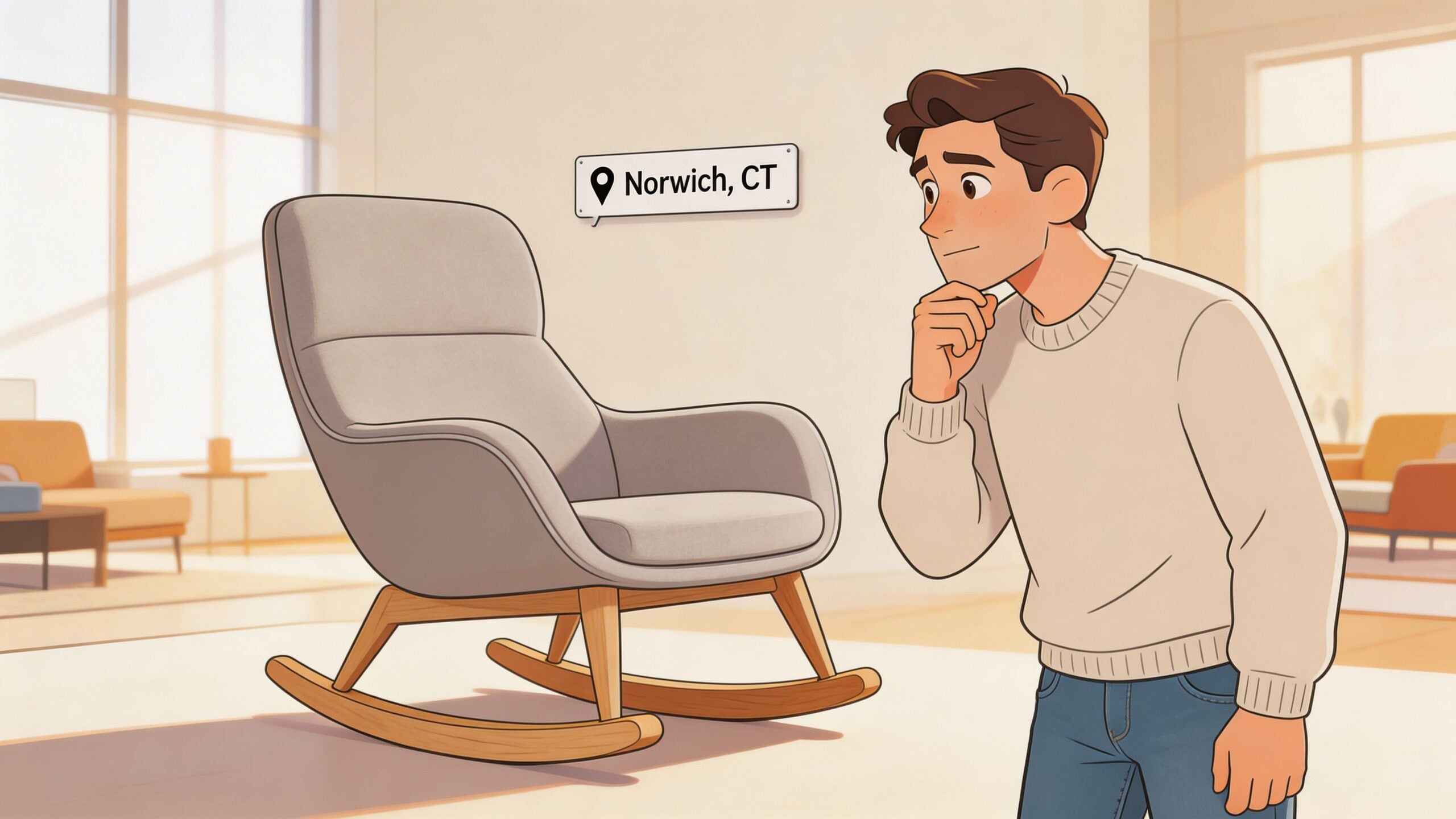 A young man looking thoughtfully at a modern grey glider rocking chair inside a bright room.