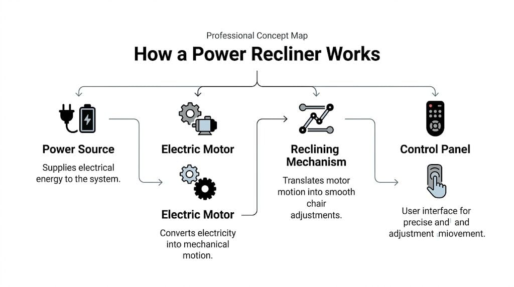 A professional concept map illustrating the functional components and workflow of an electric power recliner chair mechanism.