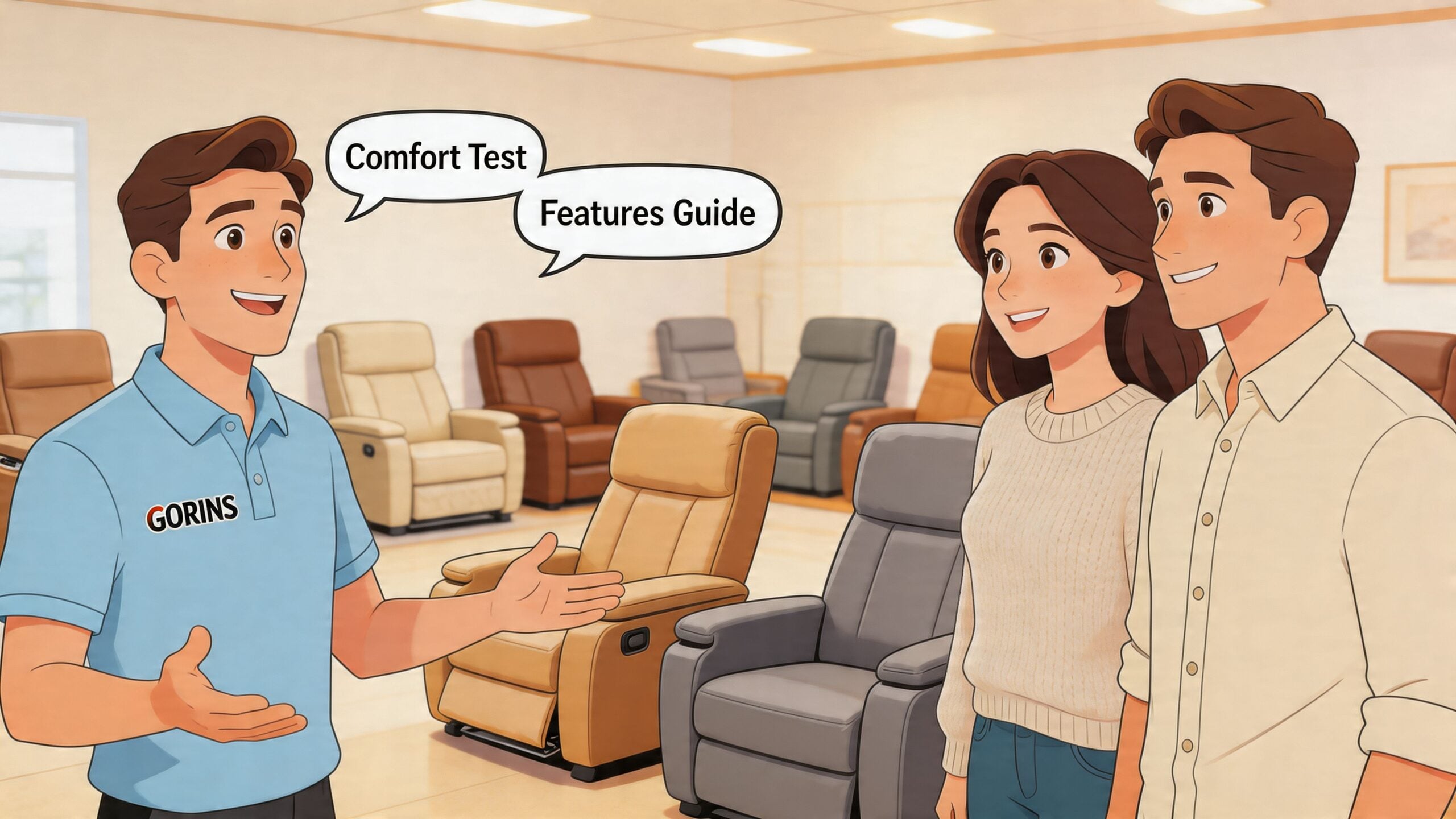 A friendly furniture store associate explaining recliner features to a young couple in a showroom.