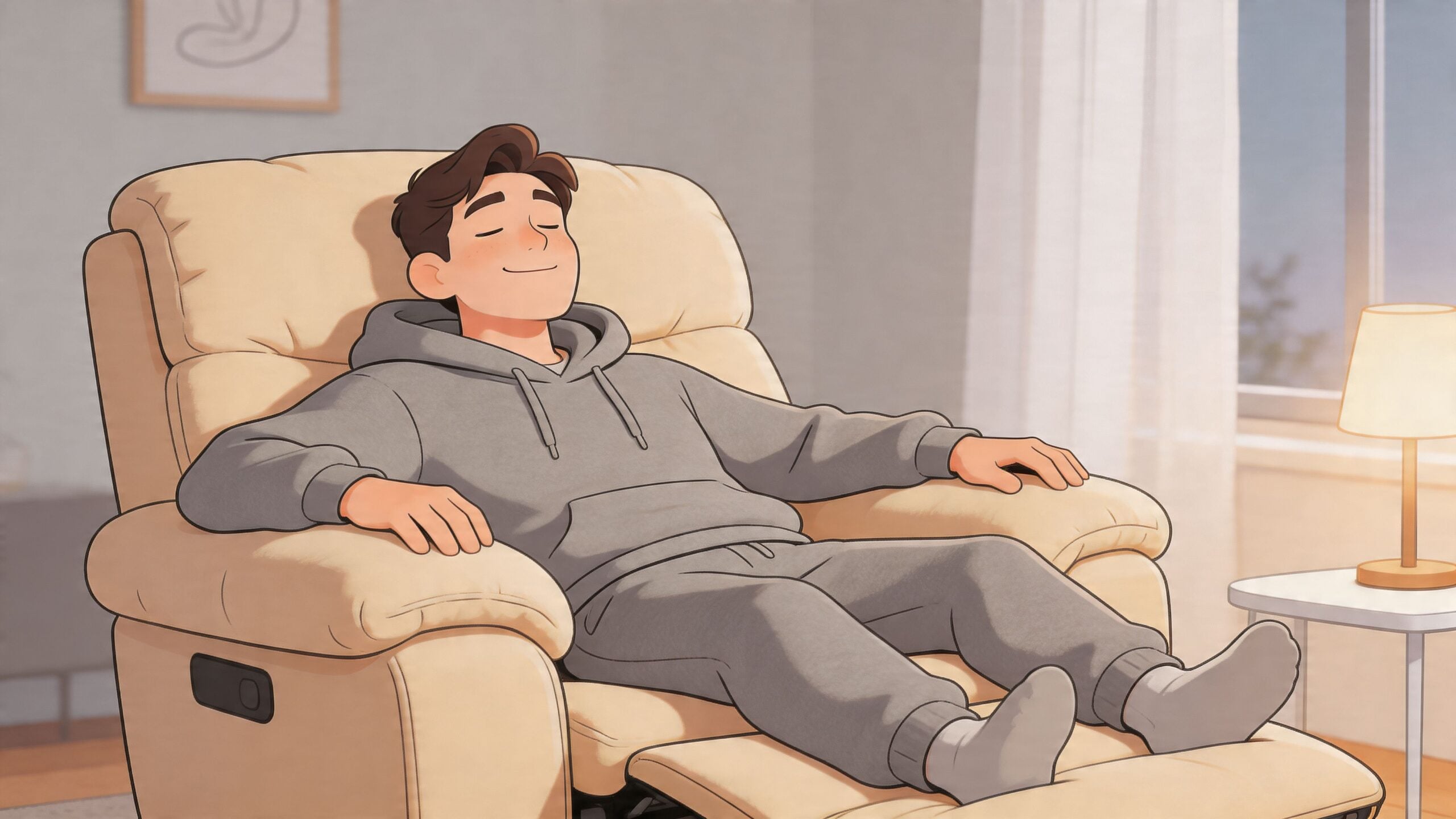 A relaxed man wearing a grey hoodie sitting comfortably in a modern beige power recliner chair.