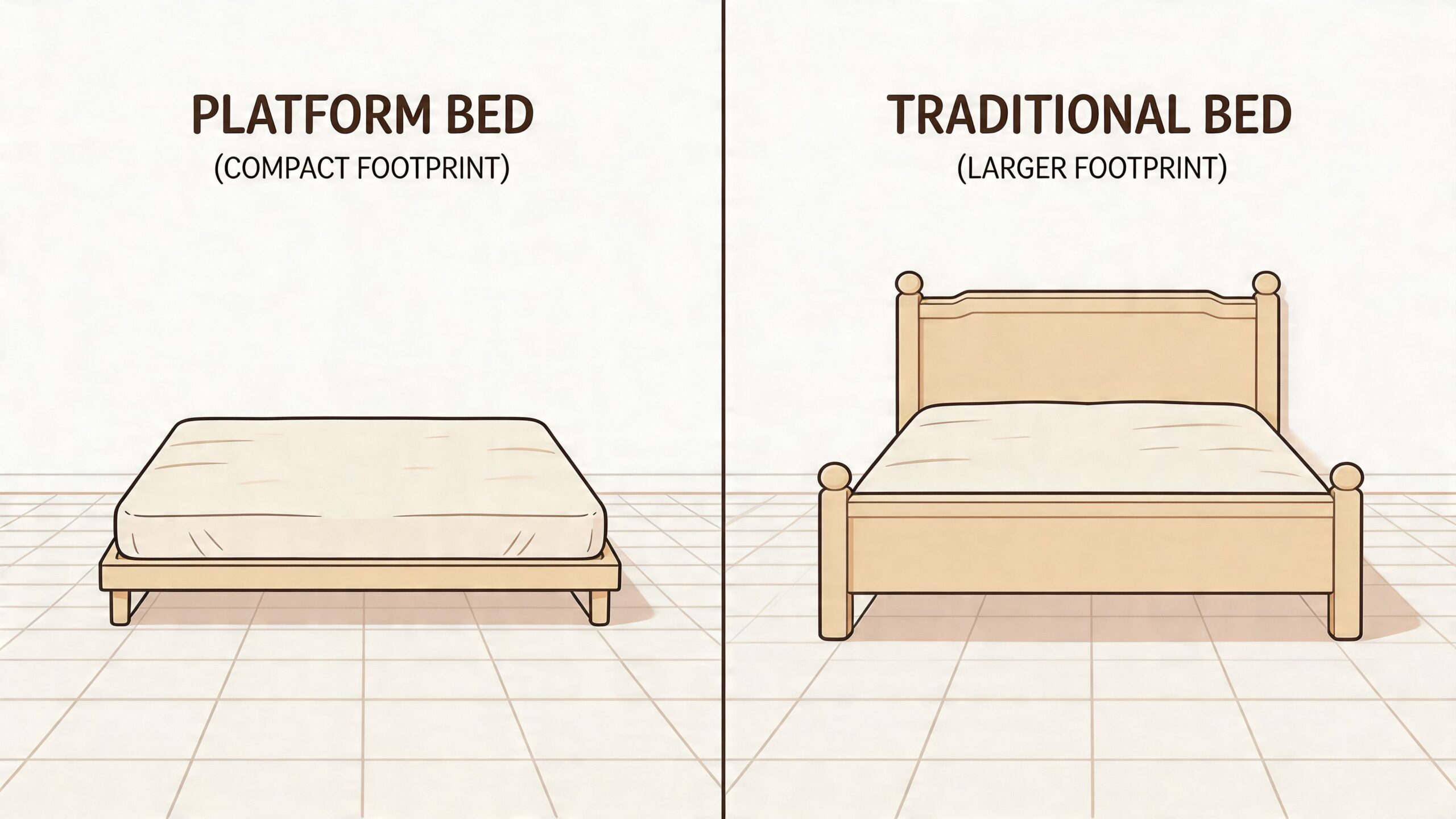 A comparison illustration showing a minimalist platform bed beside a traditional bed with a headboard and footboard.