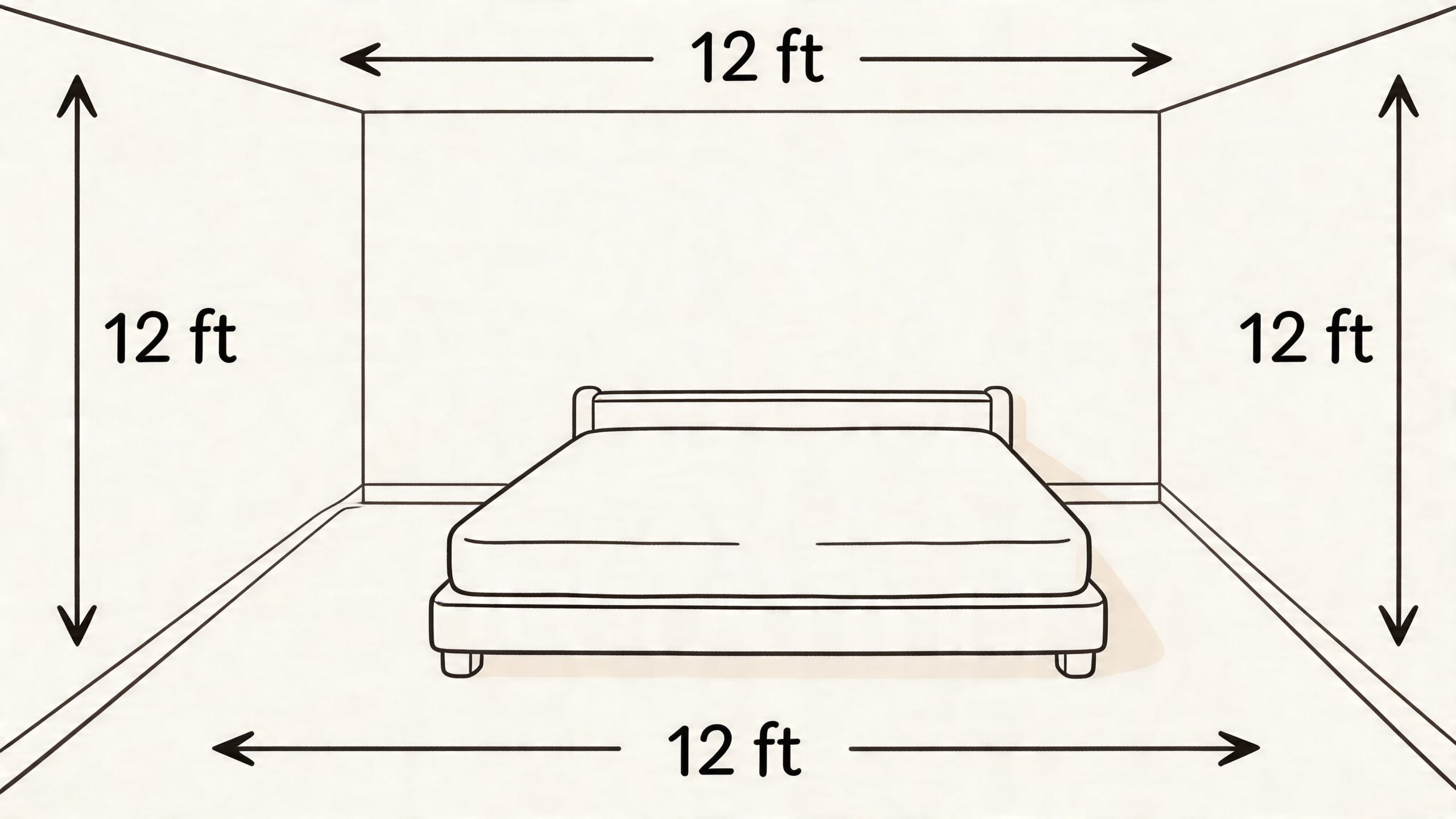 A line drawing of a bedroom interior showing a king size bed in a 12 by 12 room.