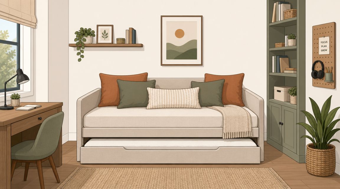 A cozy daybed with decorative pillows and a trundle in a small, modern bedroom with home office furniture.