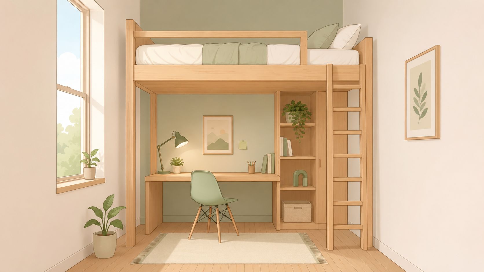 A cozy bedroom with a wooden loft bed, integrated desk, and shelving unit in a small room.