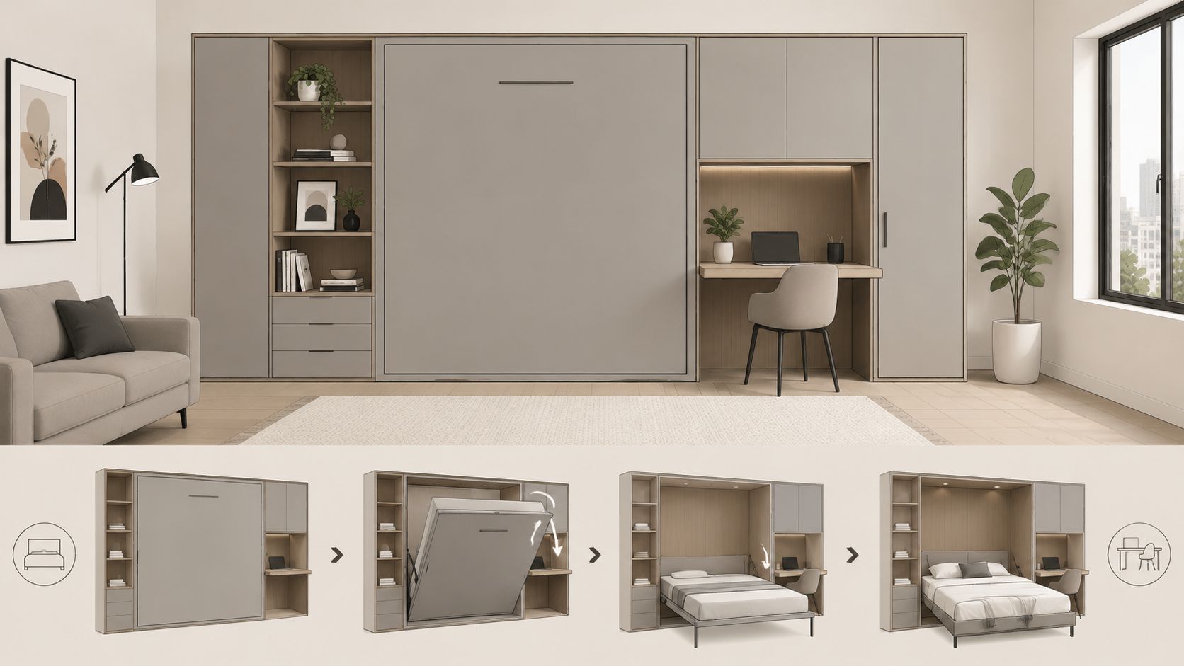 A modern wall bed system with an integrated desk in a minimalist room with neutral decor.
