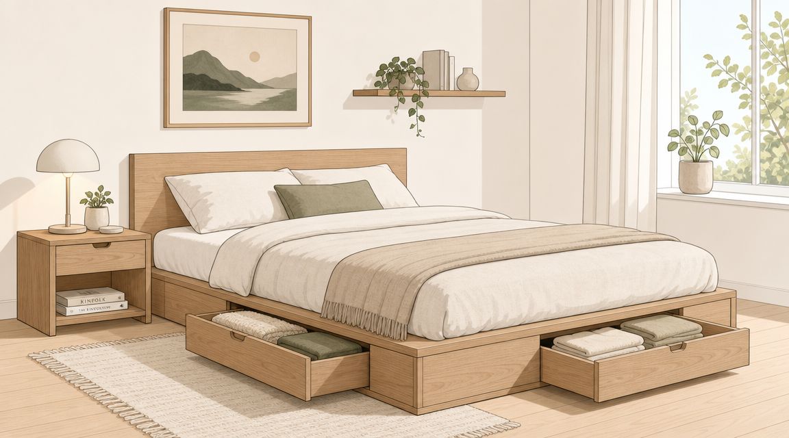 A modern wooden platform bed with built-in storage drawers in a cozy, minimalist bedroom with soft decor.