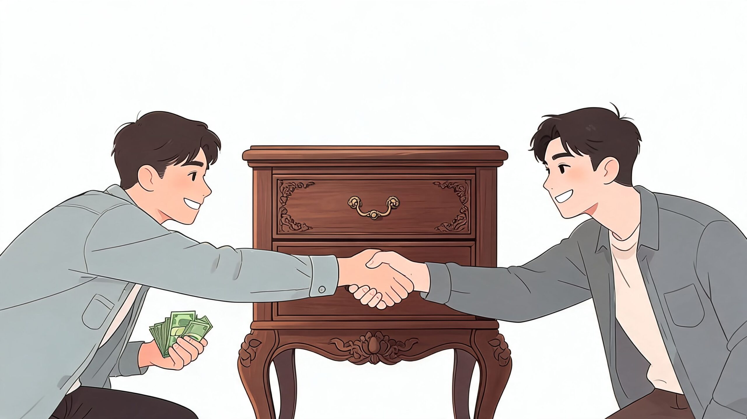 Two young men shaking hands while making a deal for a vintage wooden bedside table.