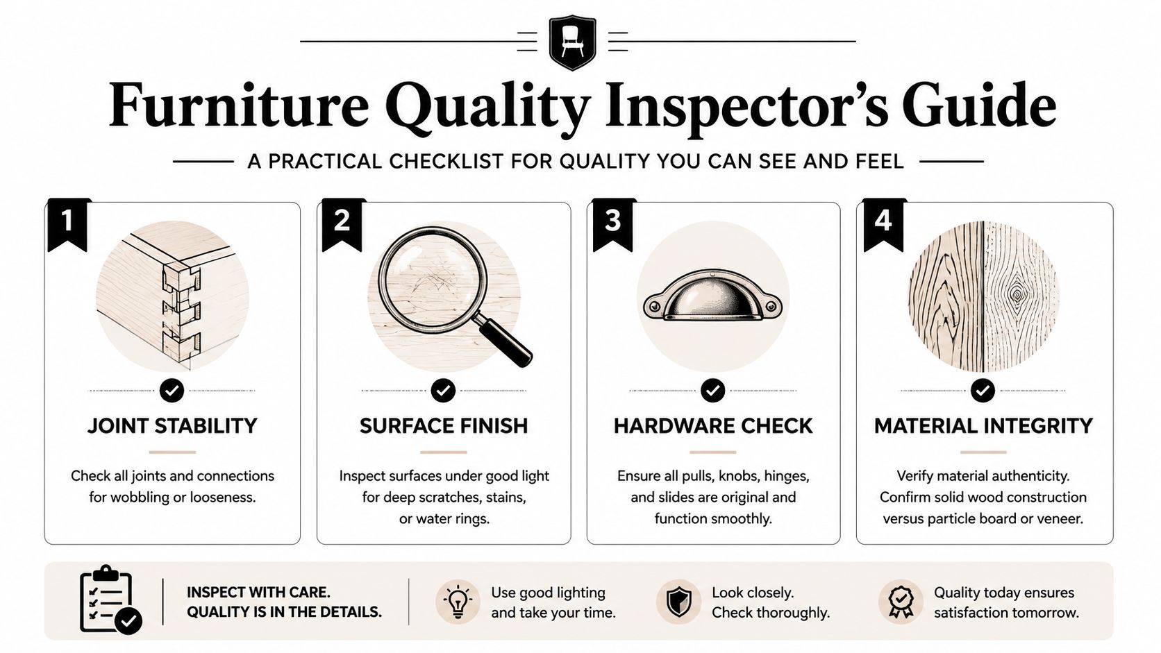 A professional infographic titled Furniture Quality Inspector's Guide detailing four steps to evaluate used furniture quality.