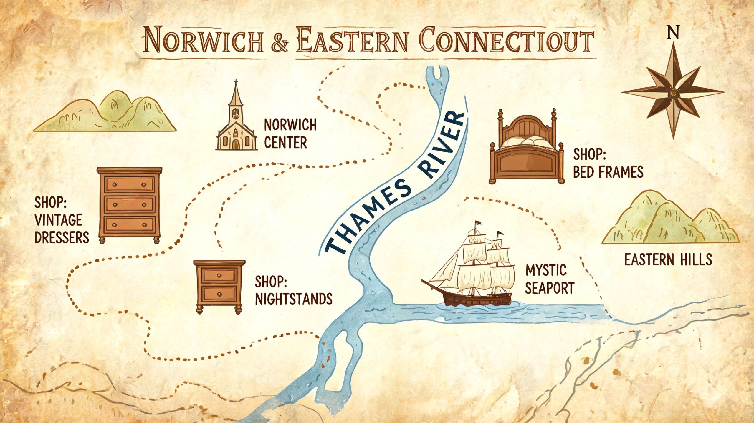 A map of Norwich and Eastern Connecticut showing locations for vintage dressers, nightstands, and bed frames.
