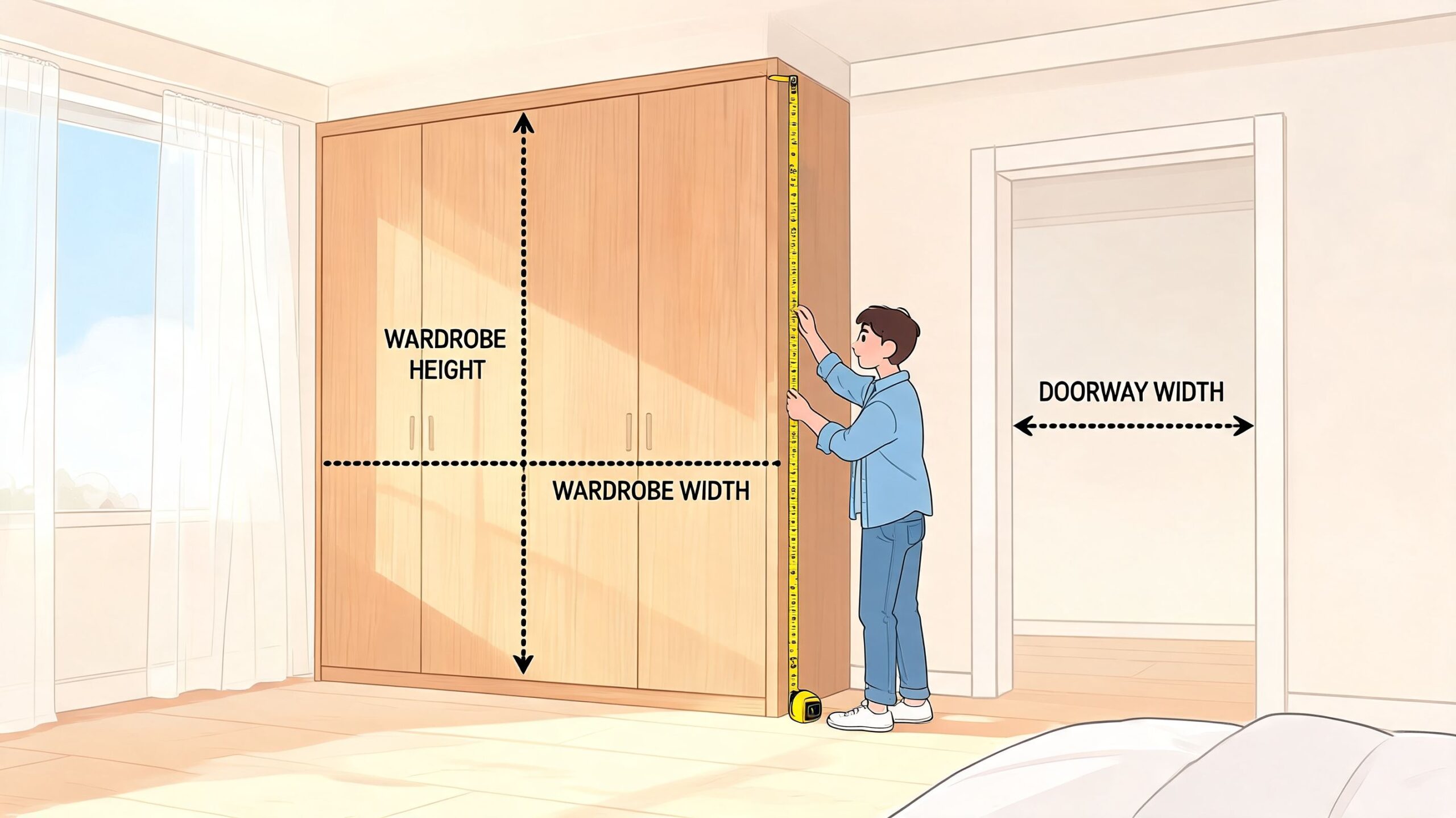 A person measuring the height and width of a large wooden wardrobe in a bedroom setting.