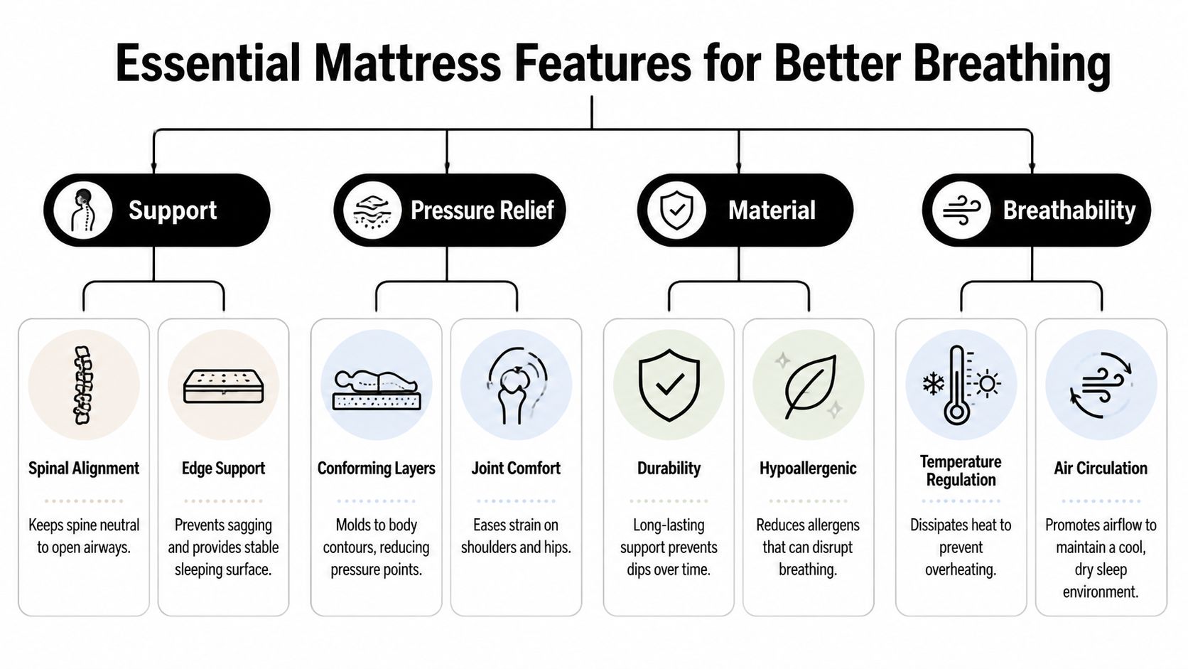 A diagram outlining essential mattress features for better breathing including support, pressure relief, materials, and breathability.