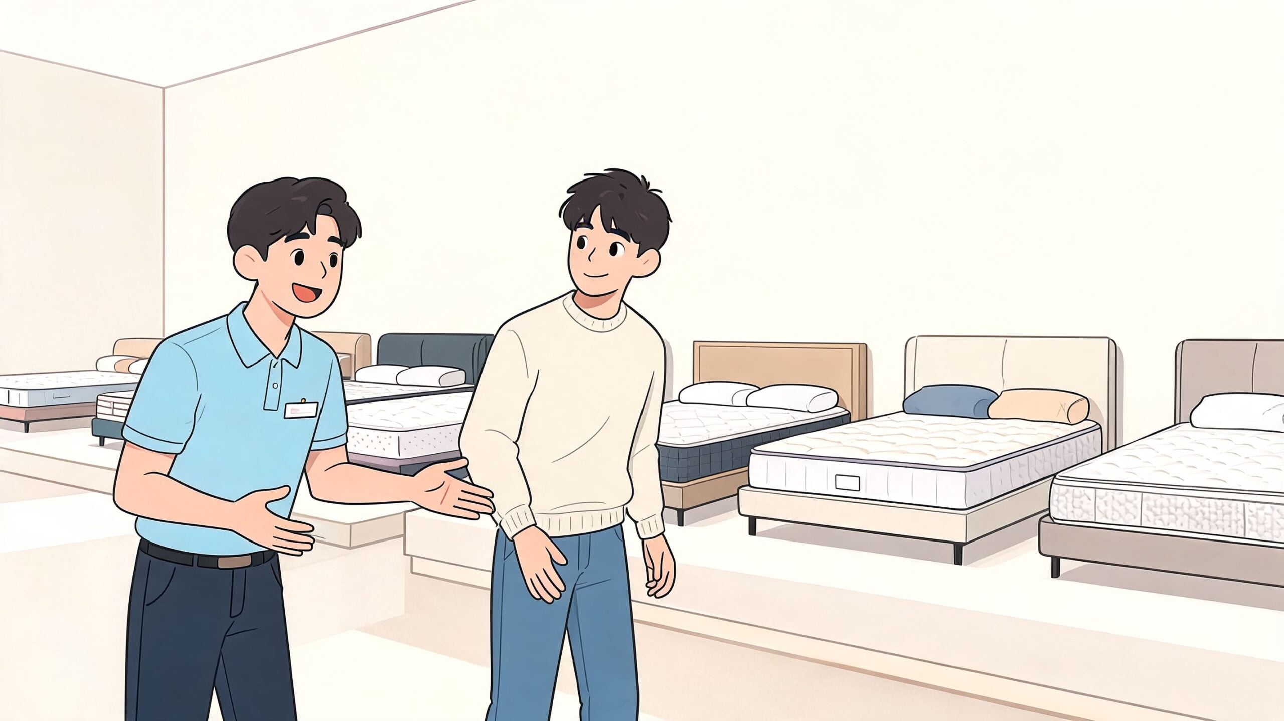 A friendly mattress store sales associate showing a customer different mattress options in a showroom.
