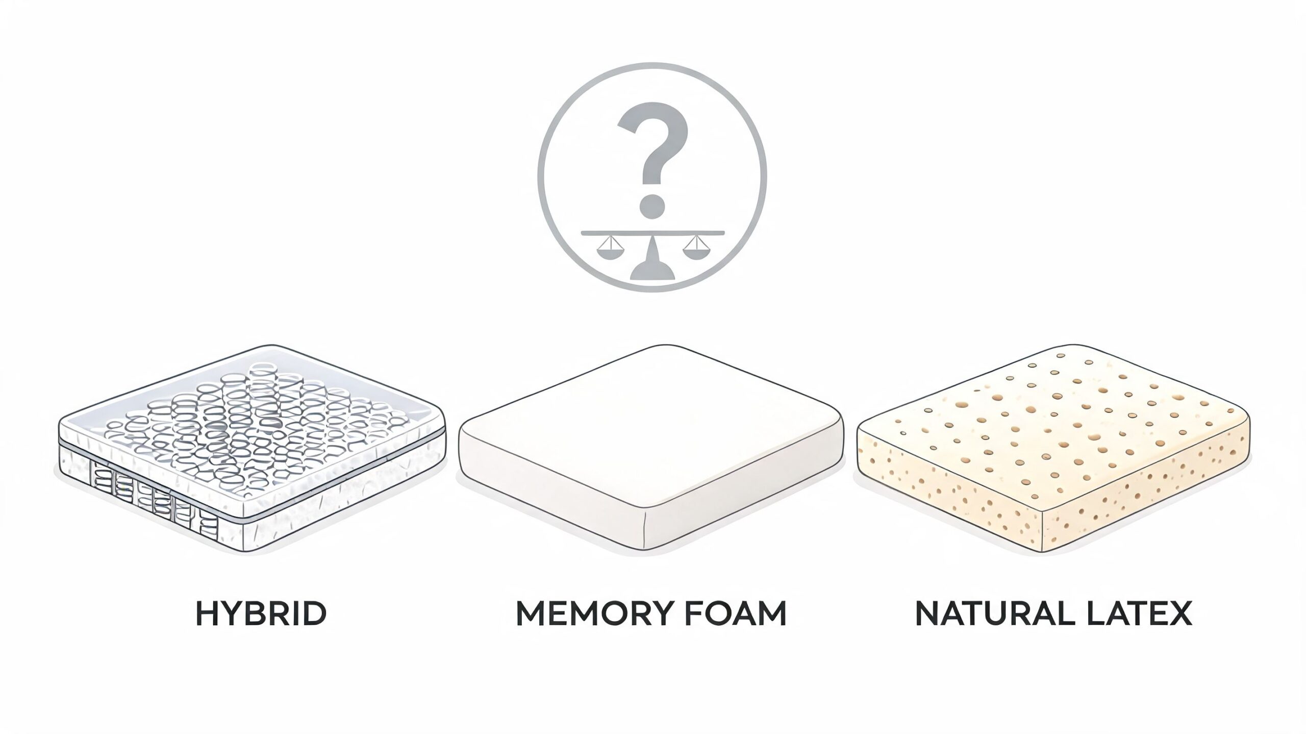 An illustration comparing hybrid, memory foam, and natural latex mattresses to help choosing the right bed type.