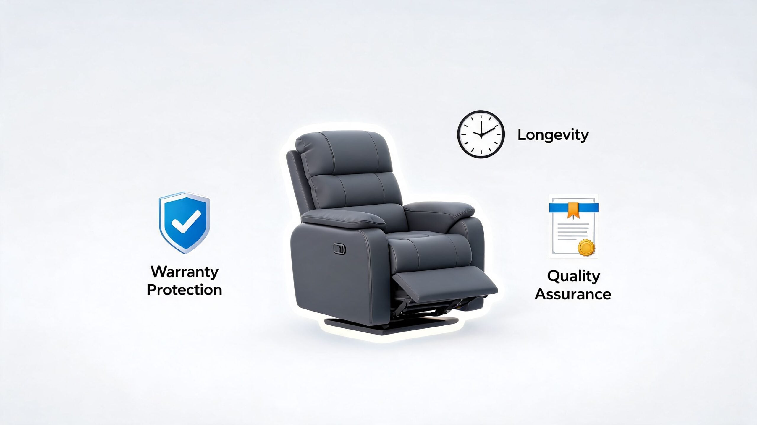 A modern grey recliner chair highlighting features of warranty protection, product longevity, and quality assurance.