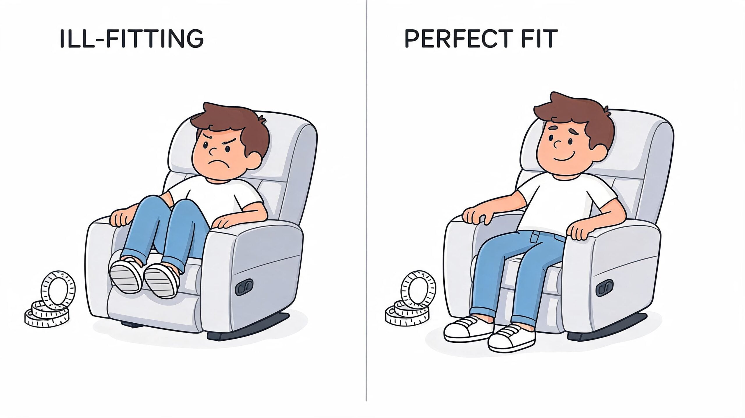 A split image comparison showing a person sitting uncomfortably on an oversized recliner versus a perfect fit.