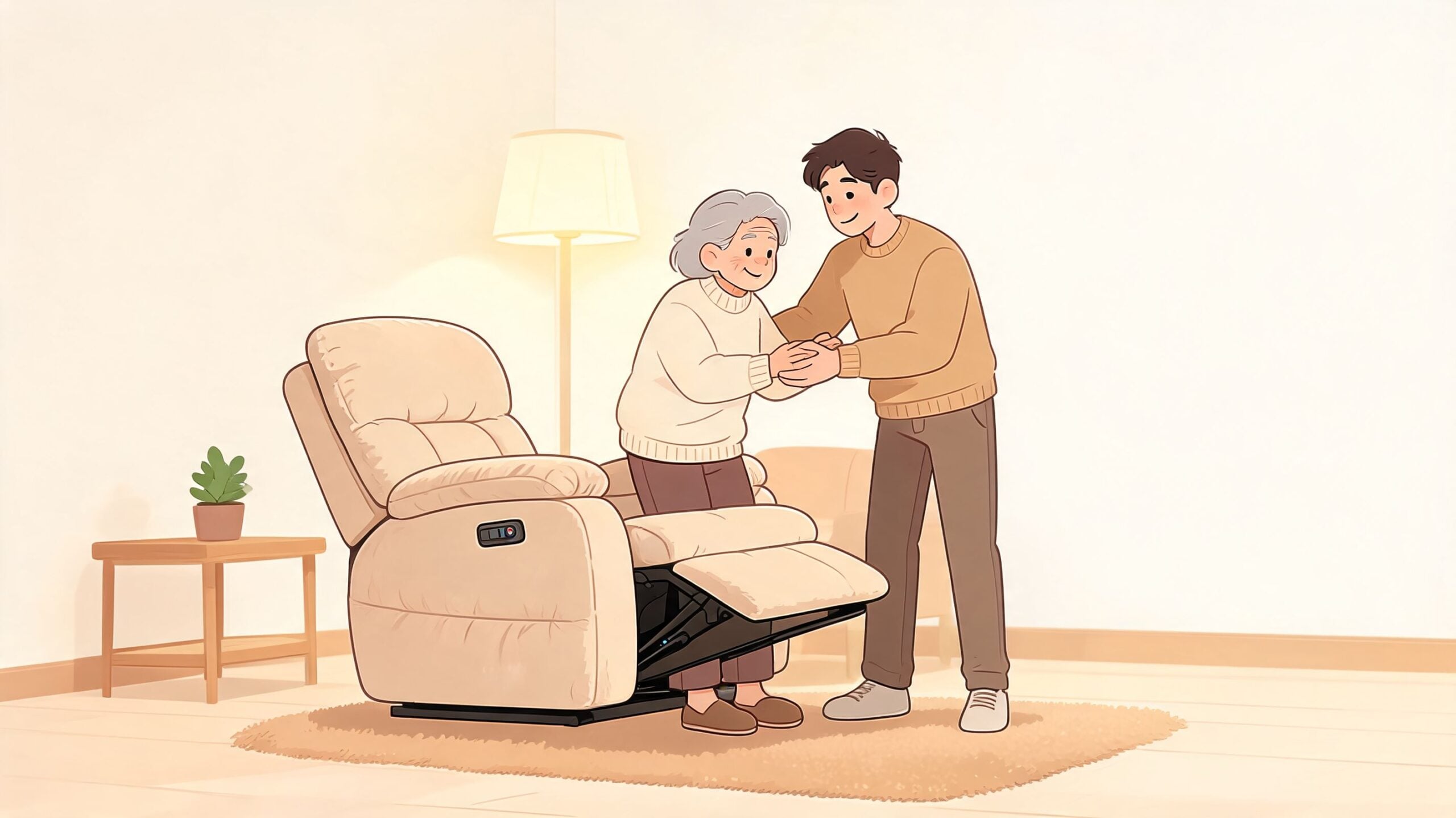 A young man helping an elderly woman stand up from a beige power lift recliner chair.