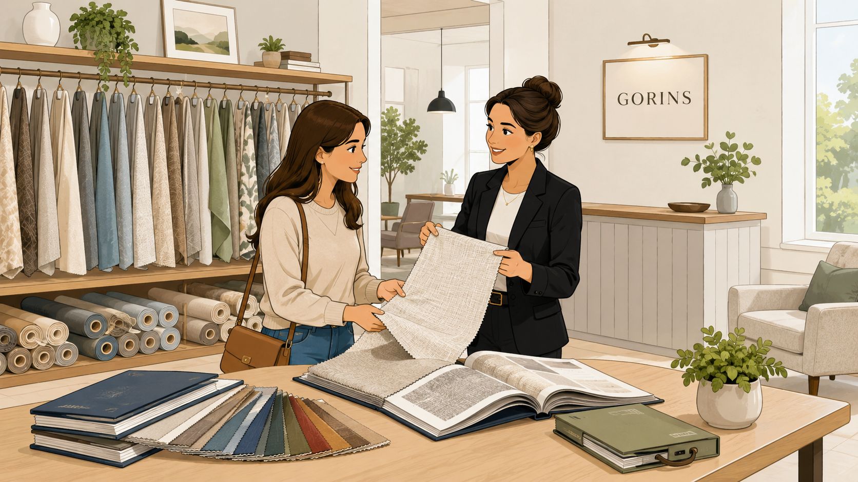 A professional interior designer assisting a client in choosing the best upholstery fabrics in a modern showroom.