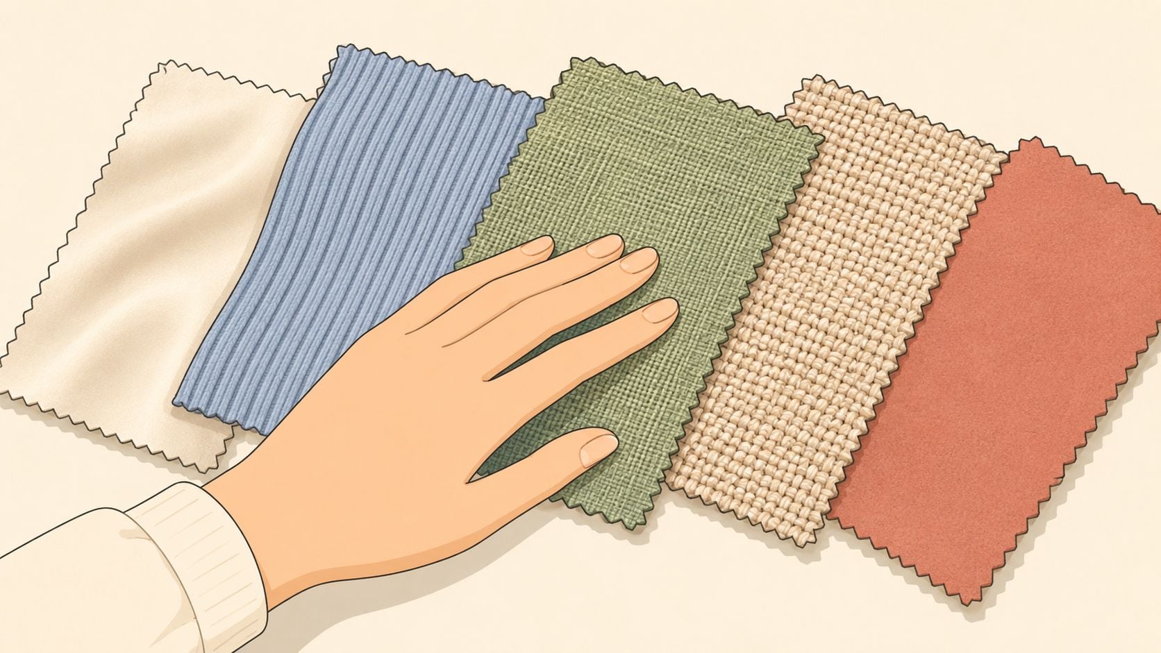 A hand touches five different rectangular fabric swatches showing various textures and colors for furniture selection.