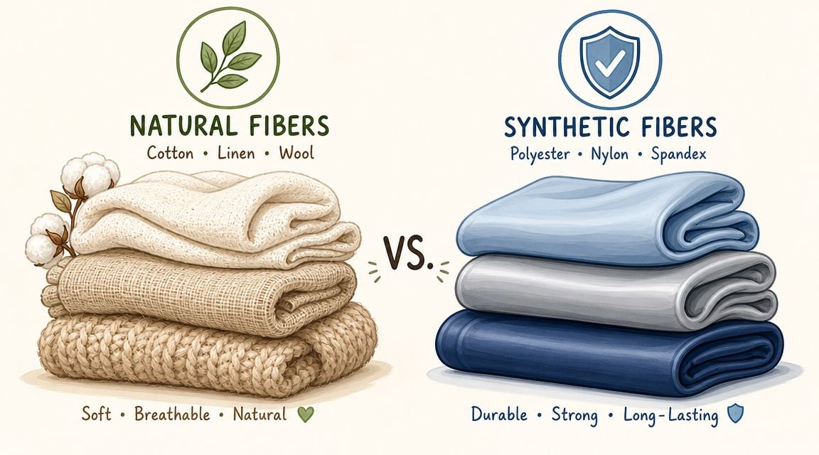 An infographic comparing natural fibers like cotton and wool with synthetic fibers like polyester and nylon.
