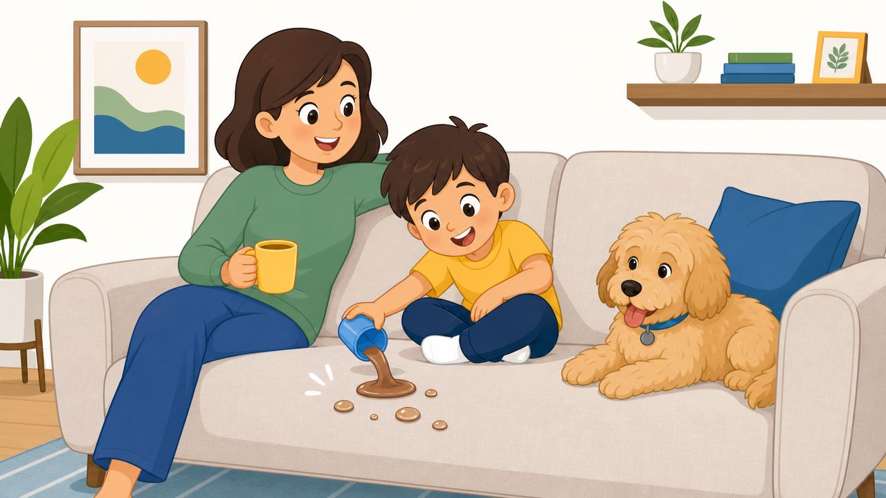 A mother and child sitting on a couch with a spilled drink near their dog.
