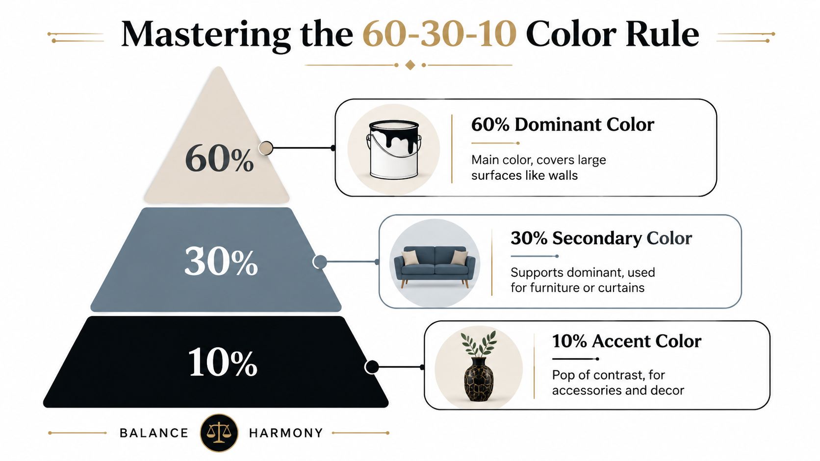 A graphic diagram explaining the 60-30-10 interior design rule using a pyramid and household object examples.