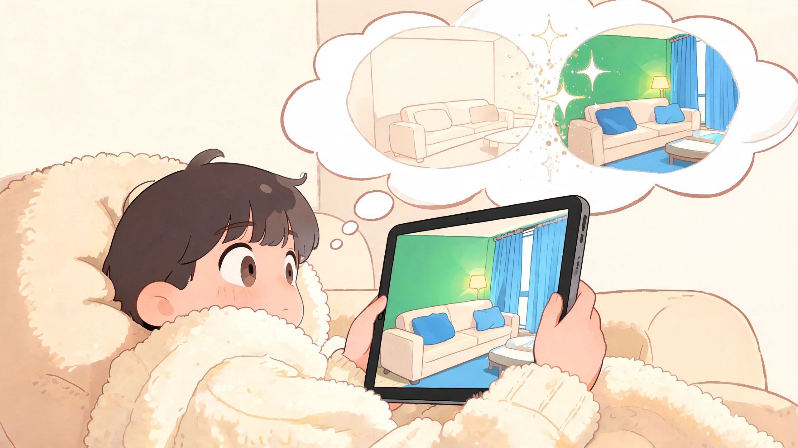 A cozy person looking at home interior design options for a living room on a digital tablet.