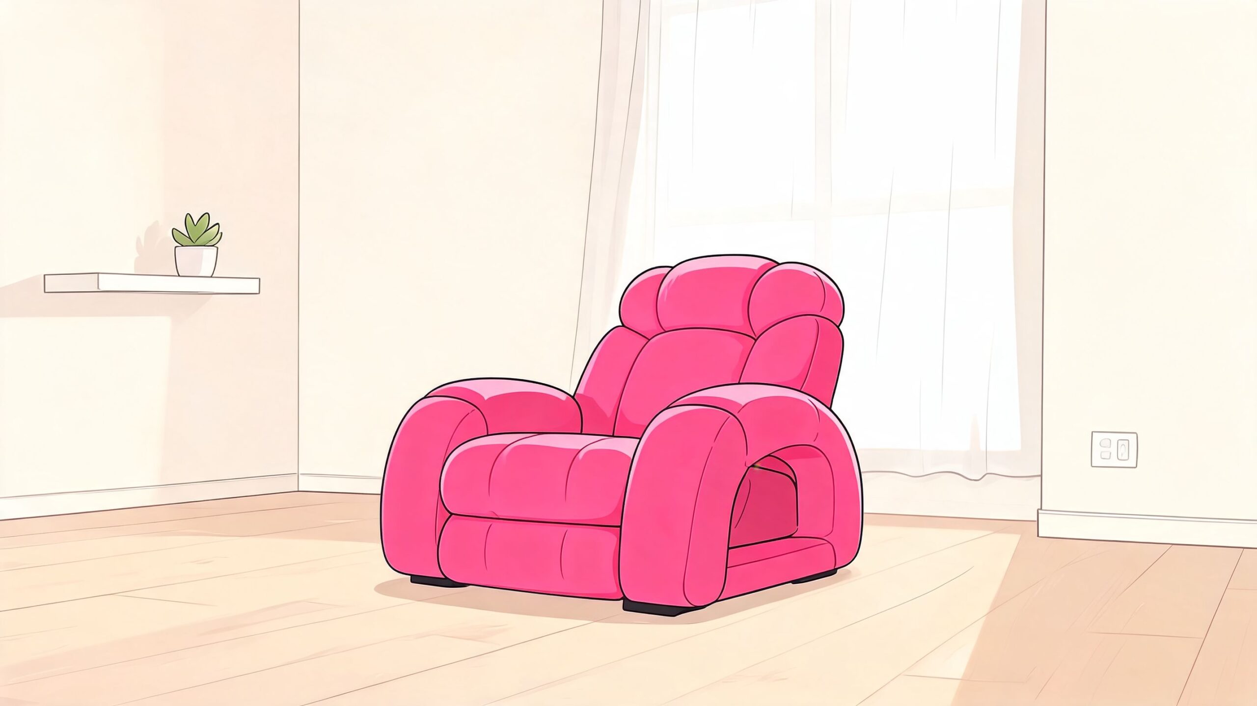 A vibrant pink armchair centered in a minimalist living room with a small plant on a wall shelf.