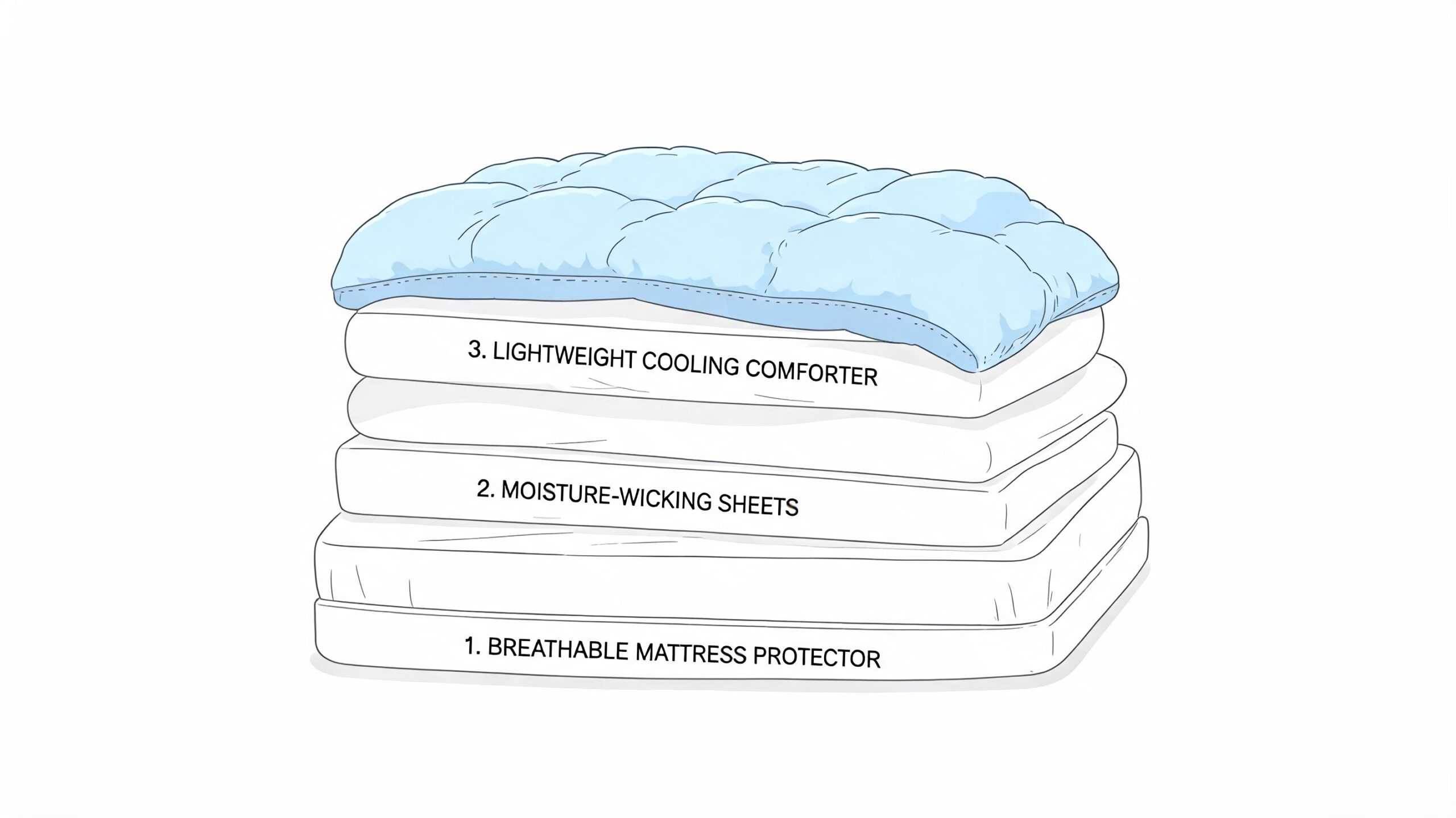 A layered diagram showing a cooling bedding setup with a mattress protector, moisture-wicking sheets, and a comforter.