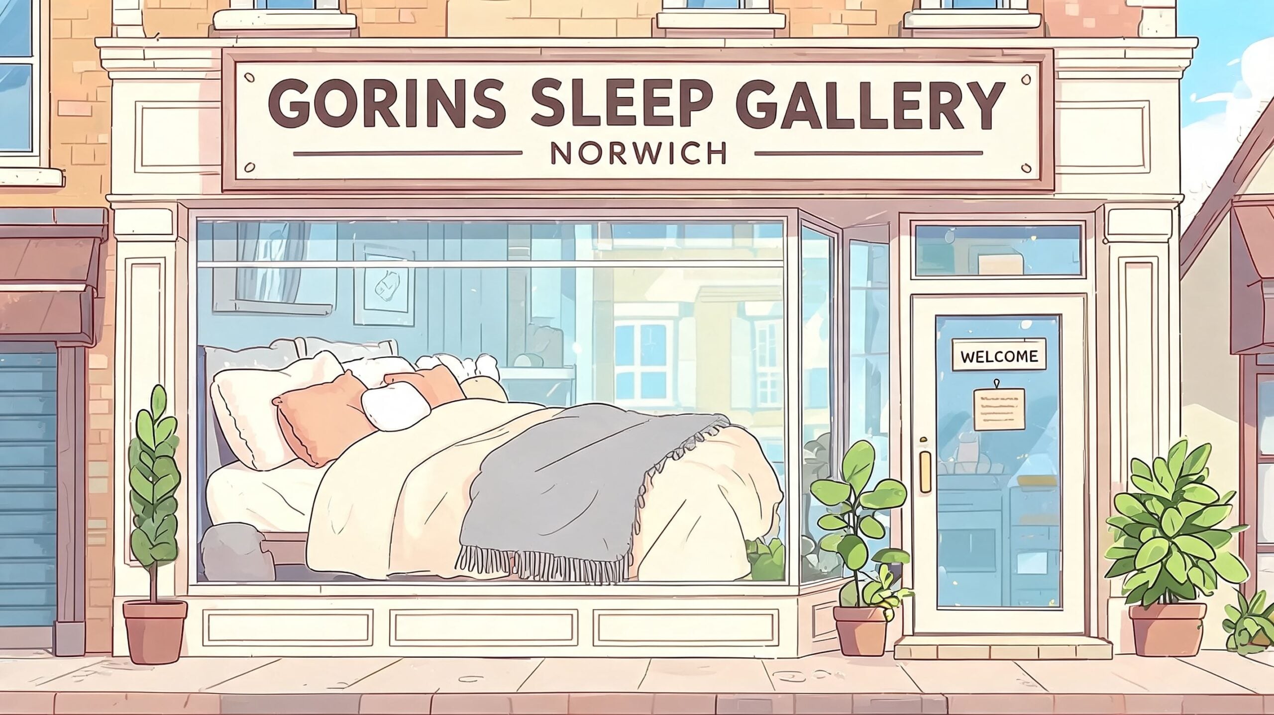 The storefront of Gorins Sleep Gallery in Norwich featuring a bed display with soft bedding.