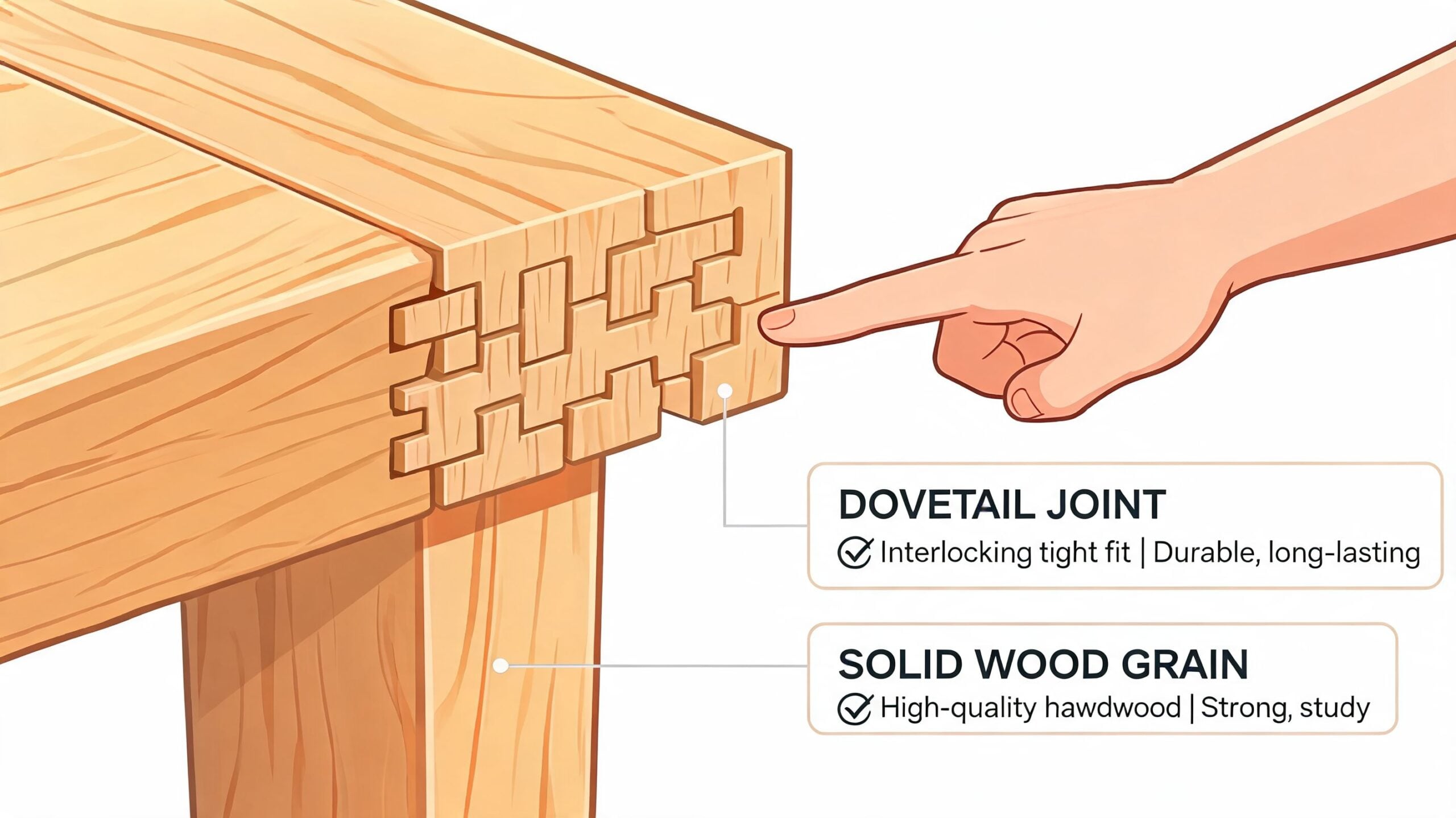 A close-up illustration of a wooden dovetail joint on a furniture corner, showing expert craftsmanship and solid wood.