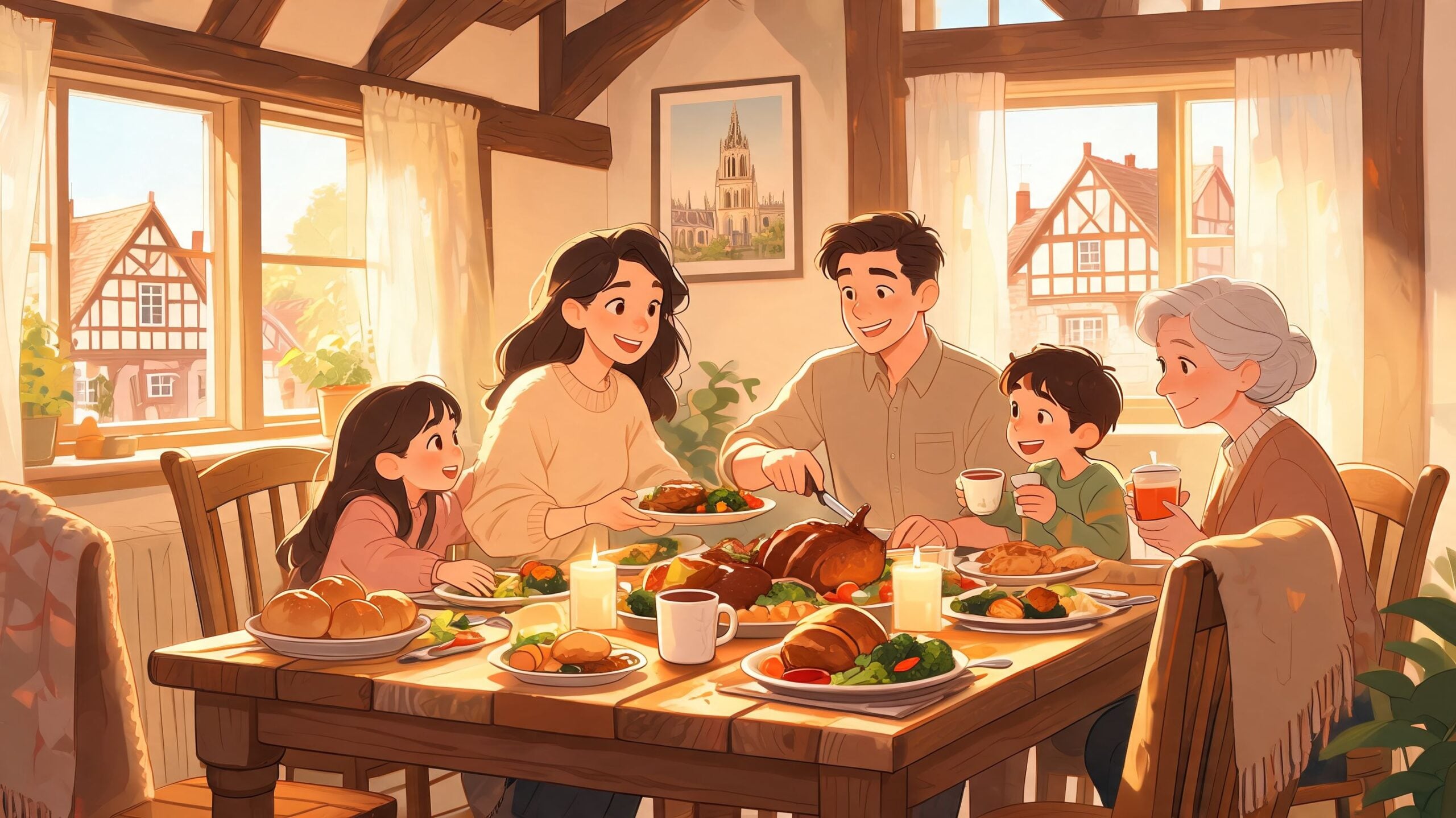 A happy family eating a delicious dinner together in a sunlit cozy dining room with wooden furniture.