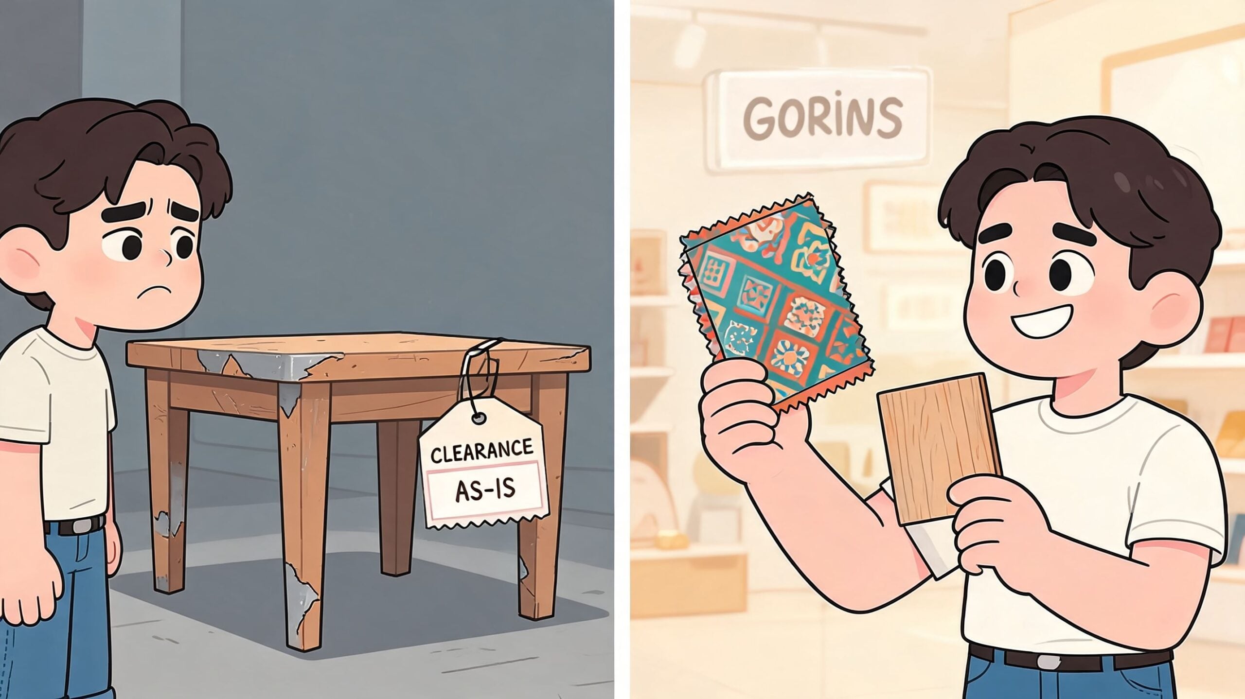 A split image showing a sad boy looking at a damaged clearance table and a happy boy comparing wood samples.