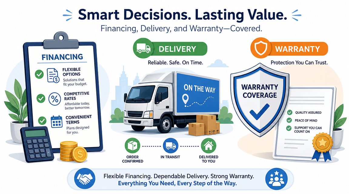 A graphic highlighting customer service features including flexible financing, reliable delivery, and comprehensive warranty coverage.
